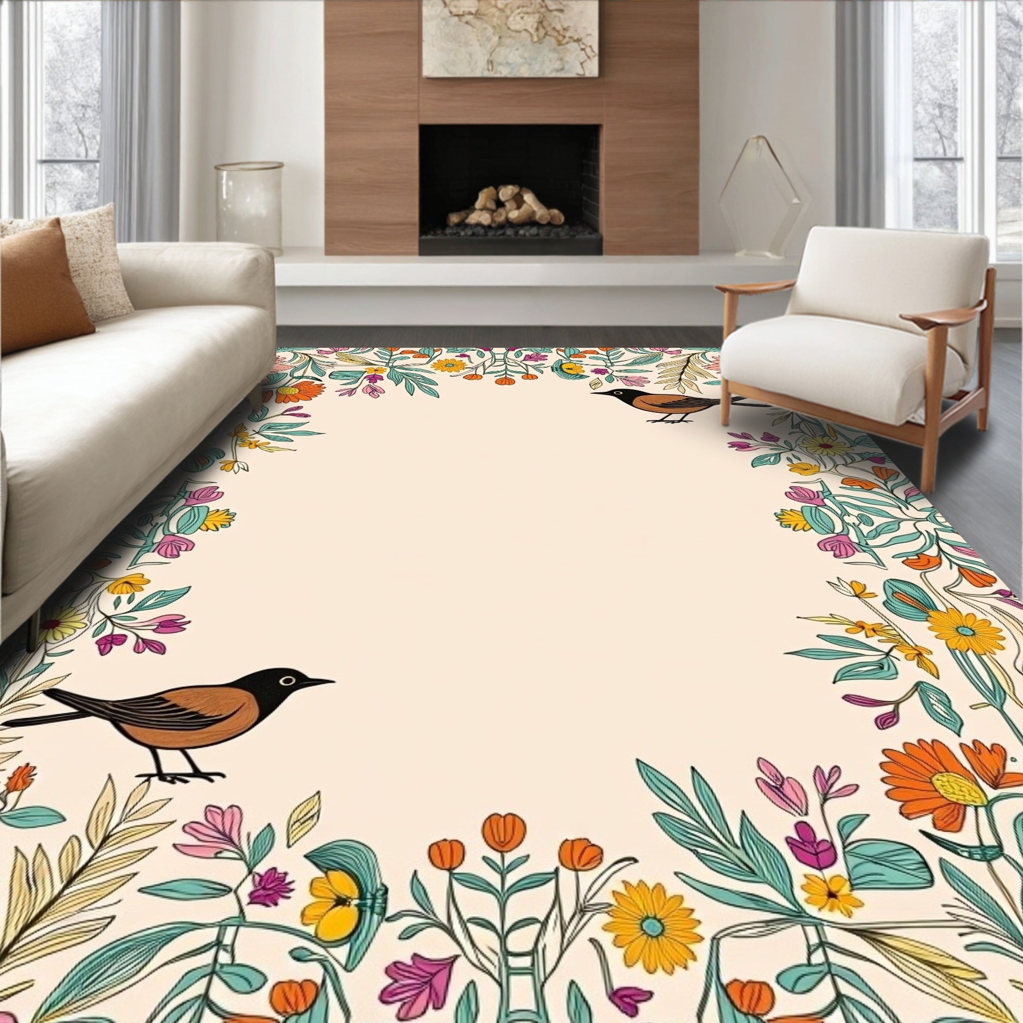 Whimsical Floral Birds Design Frame Rug