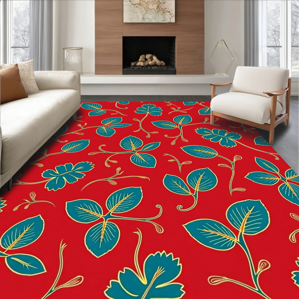 Vibrant Red Teal Floral Vine Pattern Rug