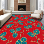 Vibrant Red Teal Floral Vine Pattern Rug