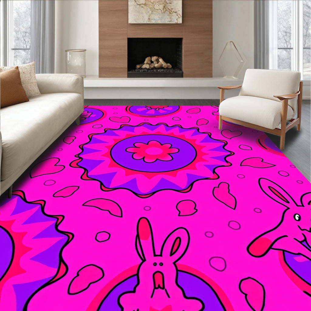 Whimsical Pink And Purple Rabbit Pattern Rug