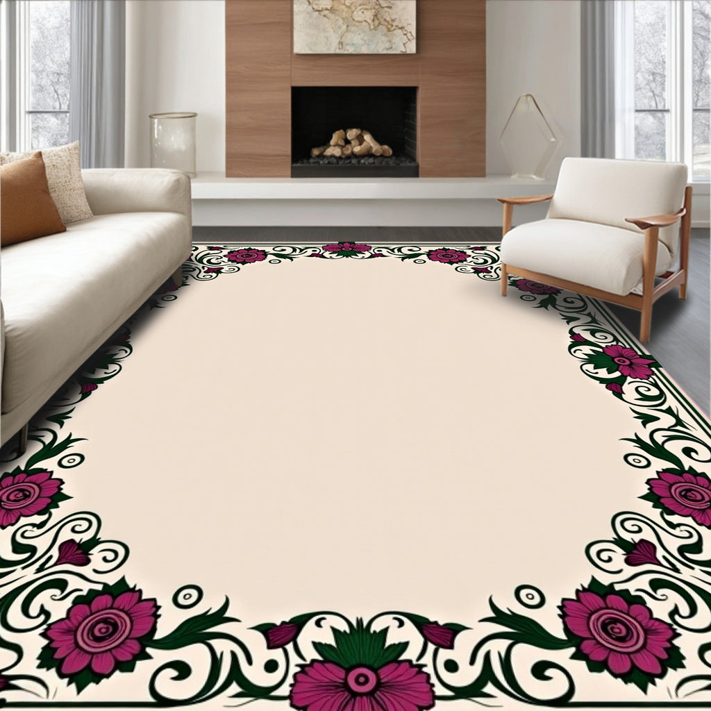 Ornate Floral Swirls Border Rug