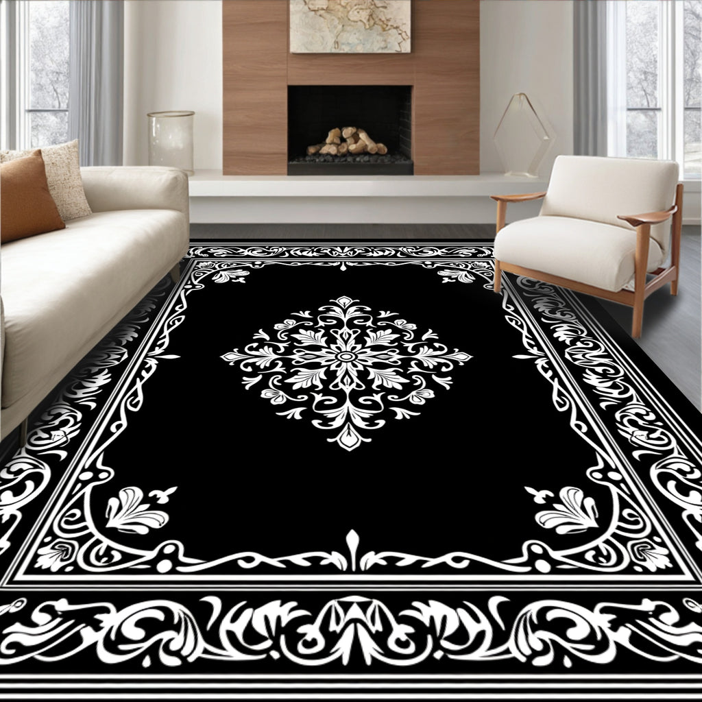 Black White Elaborate Scroll Pattern Rug