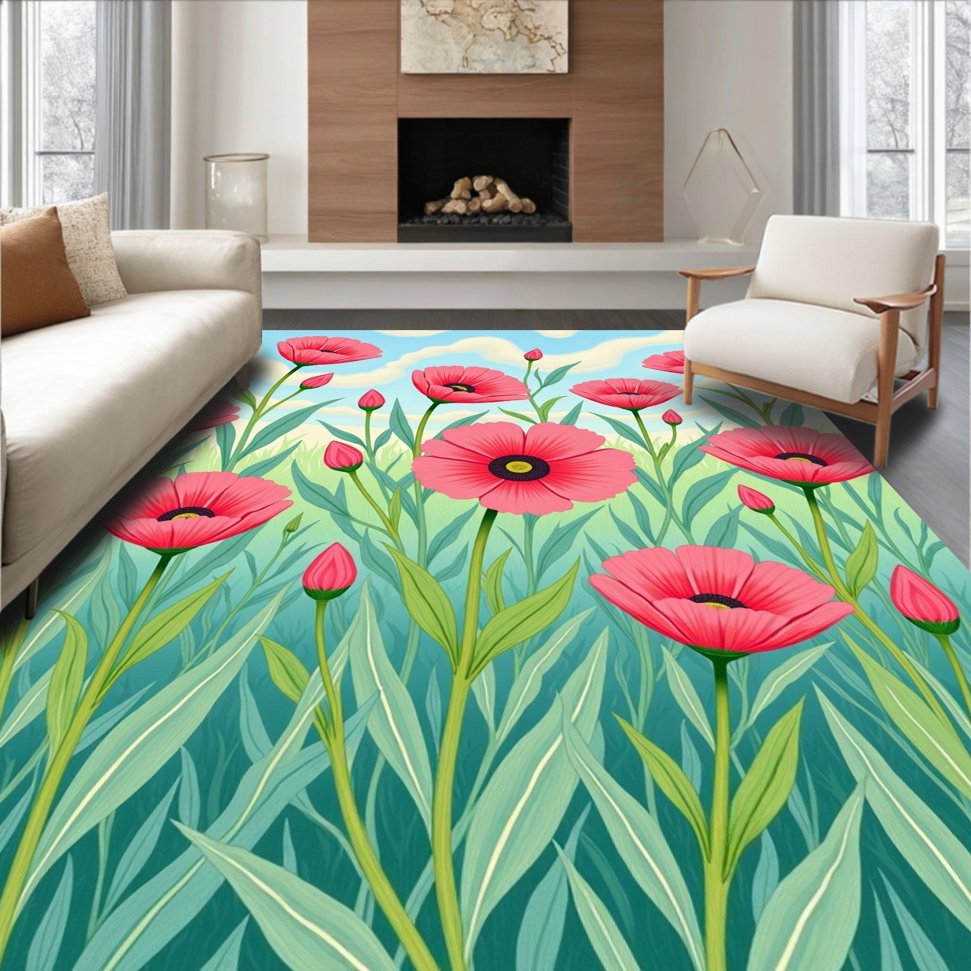 Pink Poppy Field Scenic Design Rug