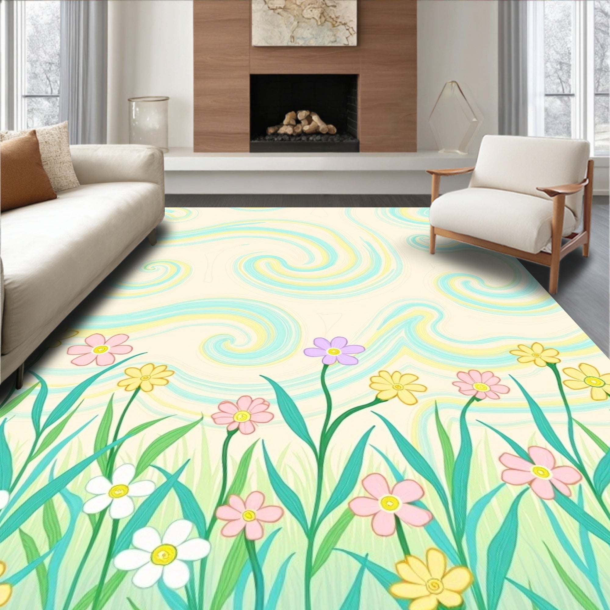 Whimsical Swirls Meadow Flowers Rug