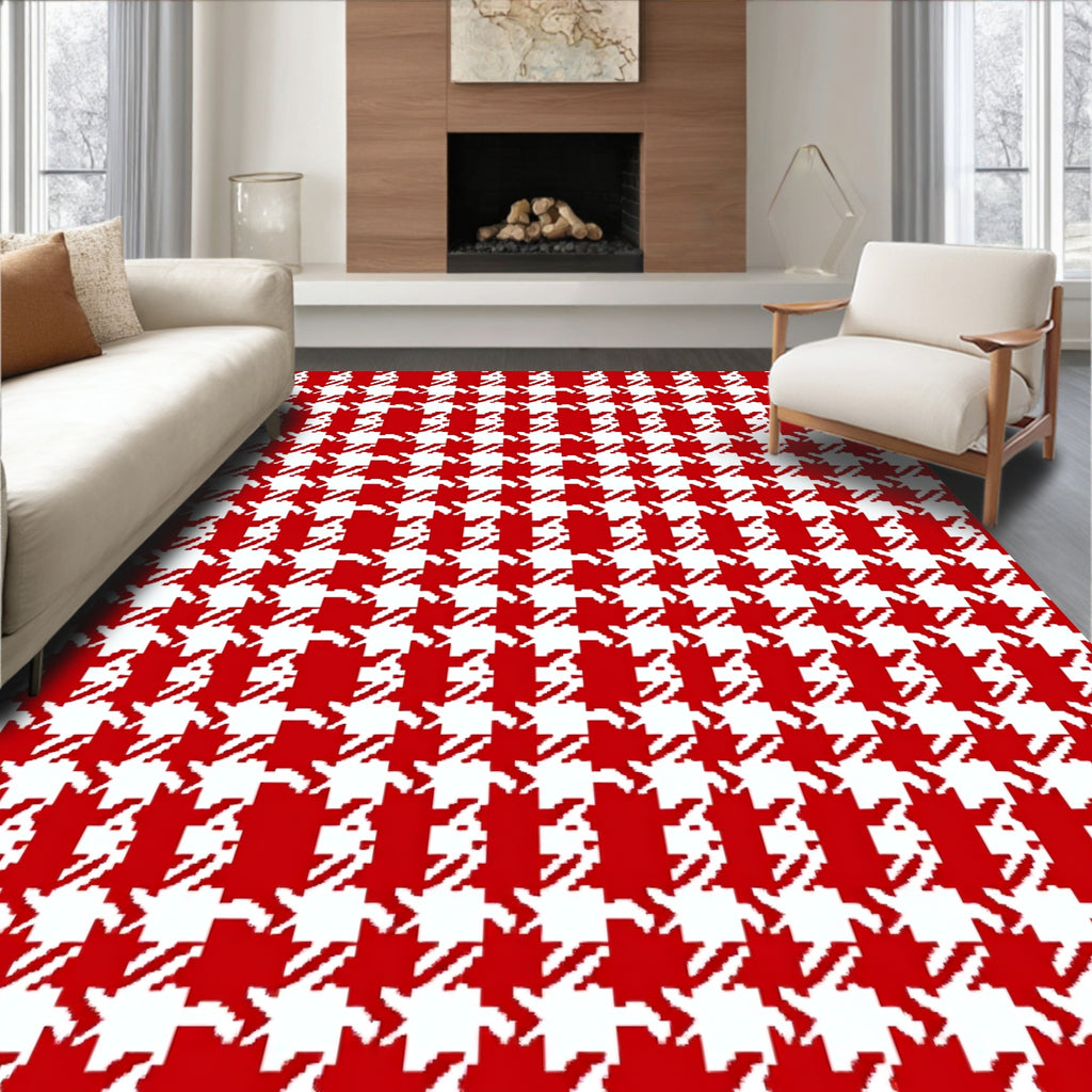 Classic Houndstooth Pattern Red White Rug