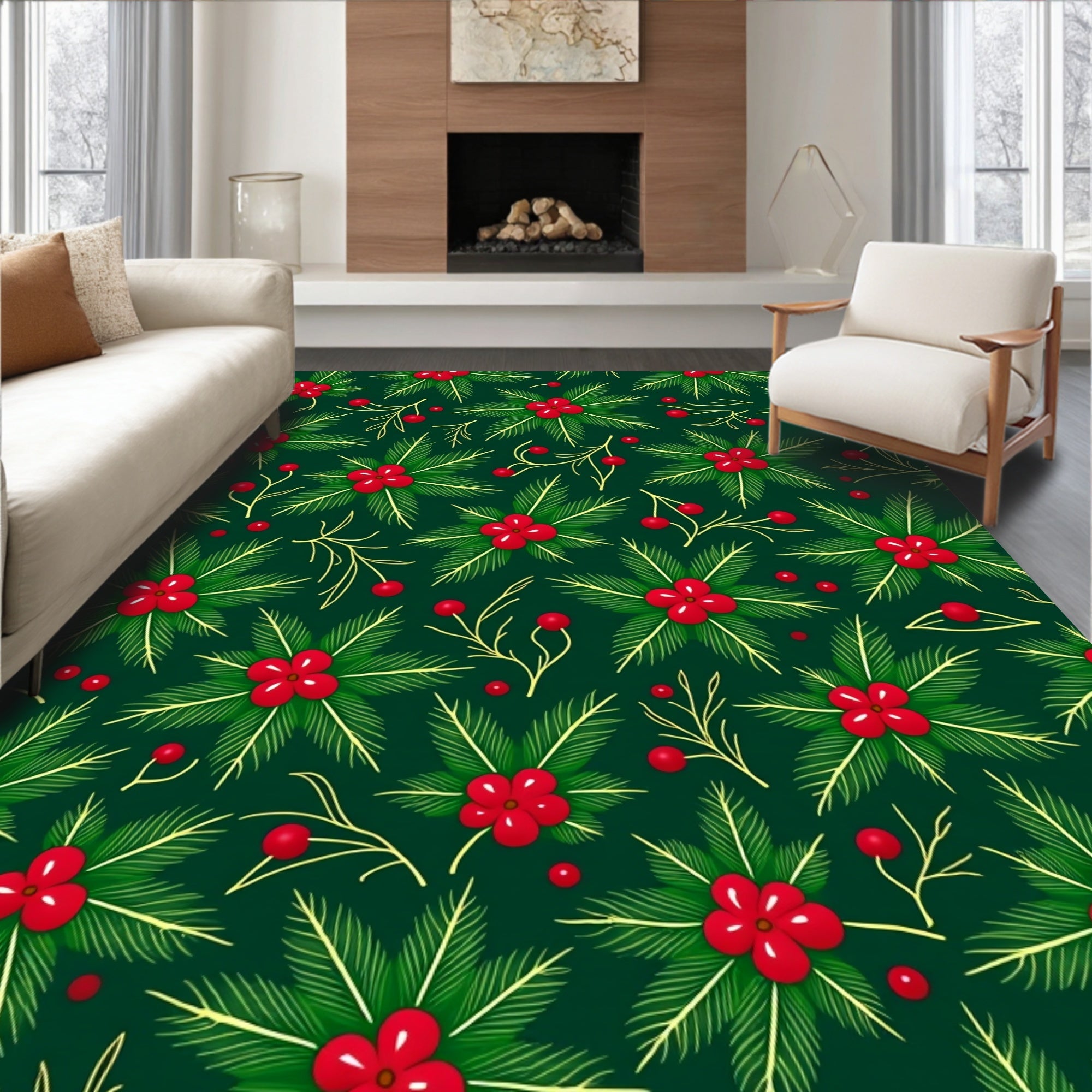 Festive Red Berry Evergreen Sprig Rug