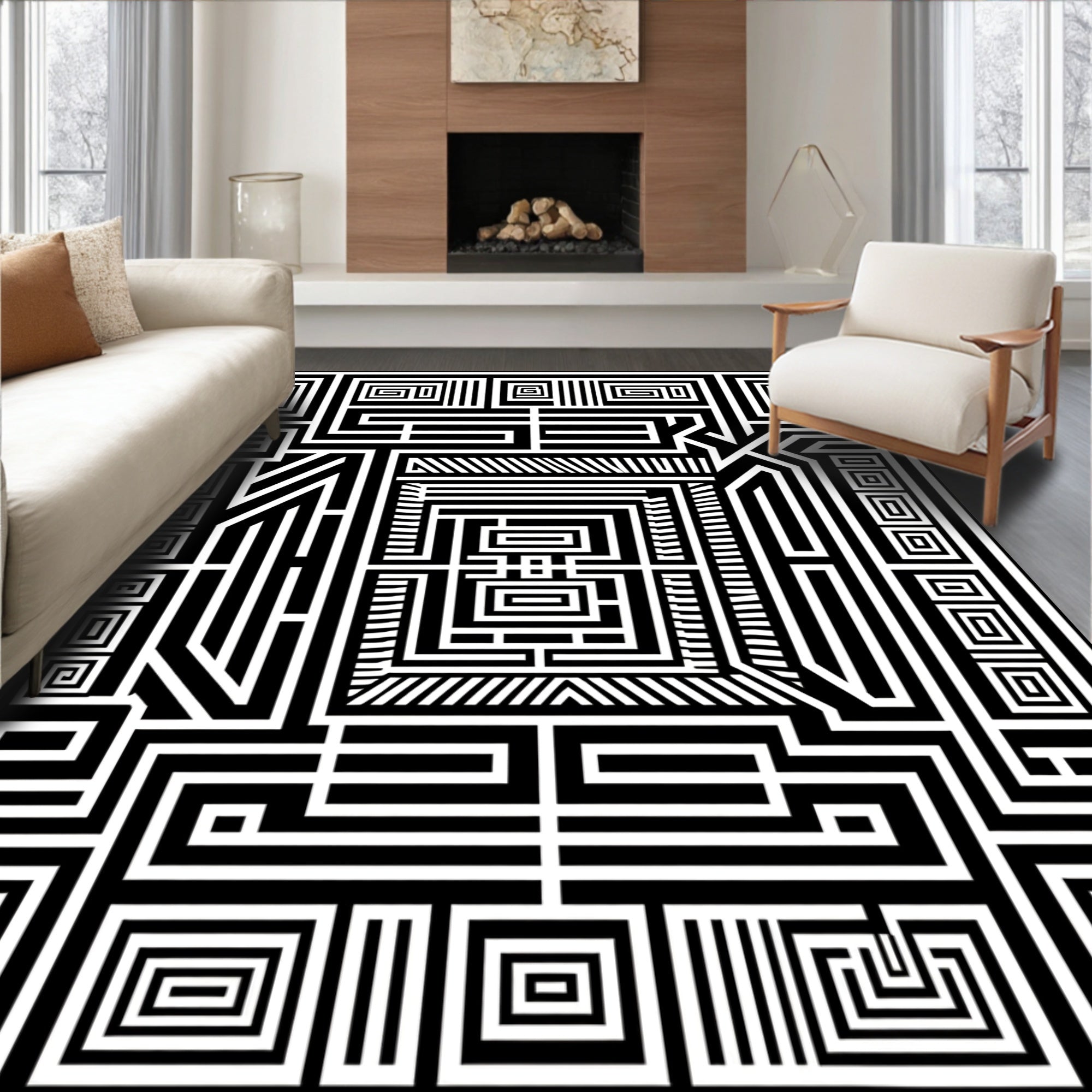 Abstract Black White Maze Rug