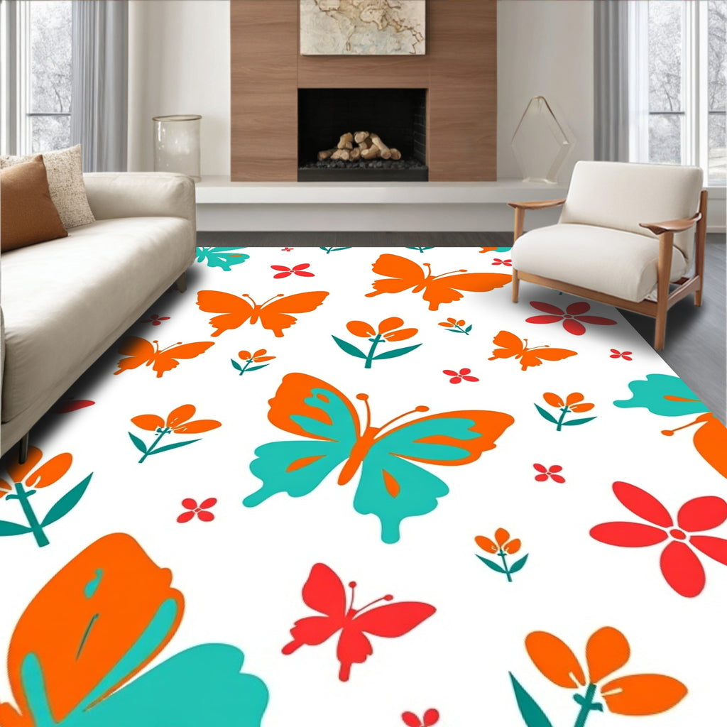 Orange Teal Butterfly Flower Pattern Rug