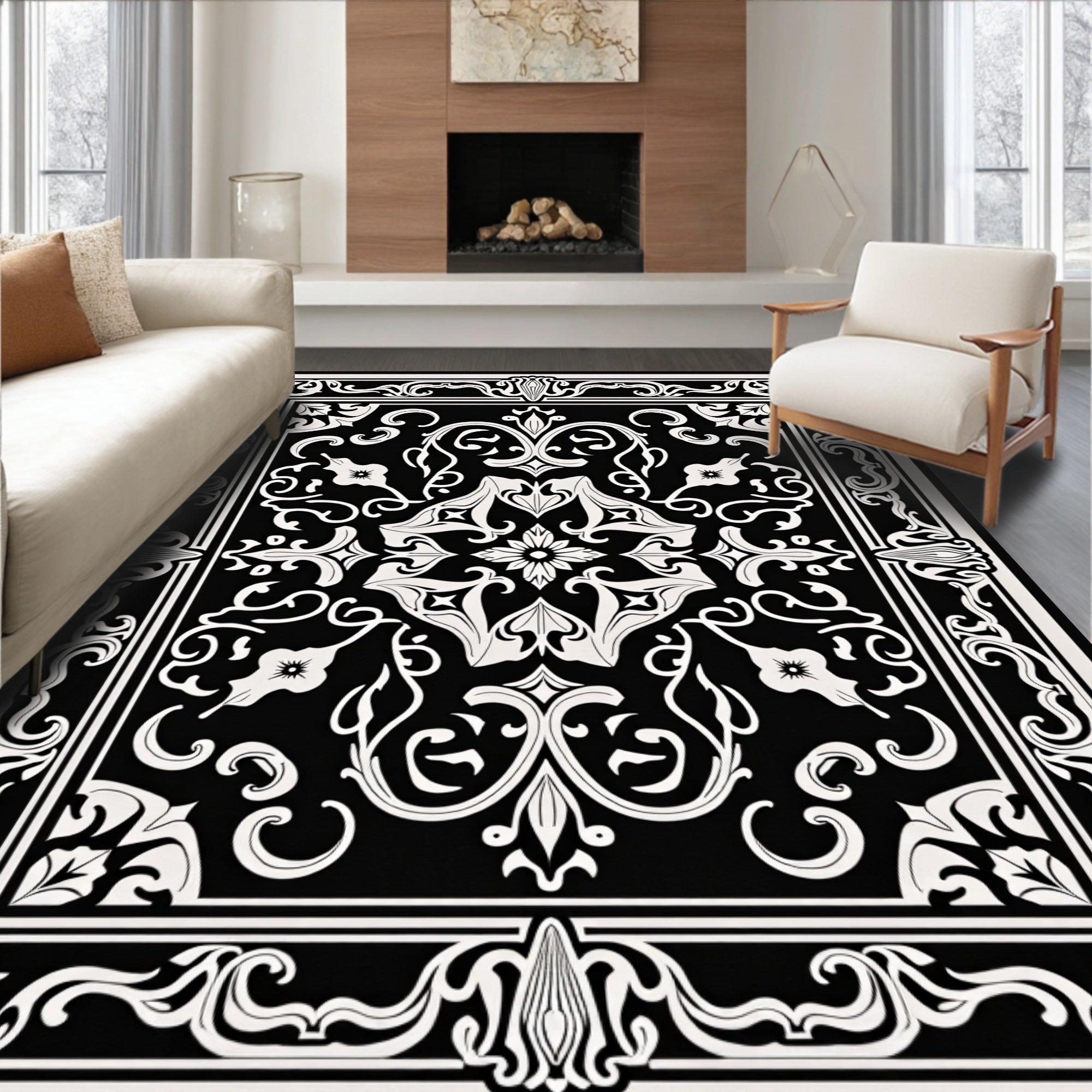 Ornate Black White Floral Pattern Rug