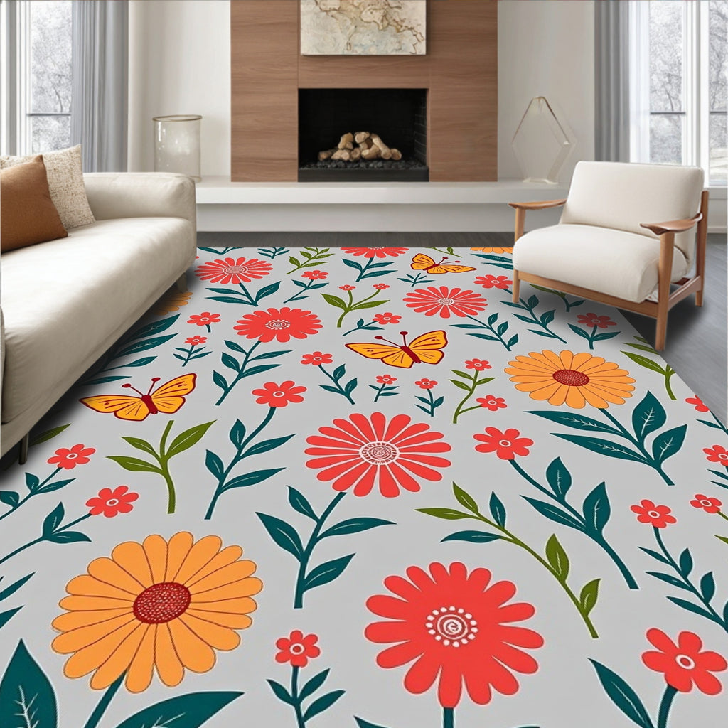 Sunny Floral Butterfly Botanical Pattern Rug