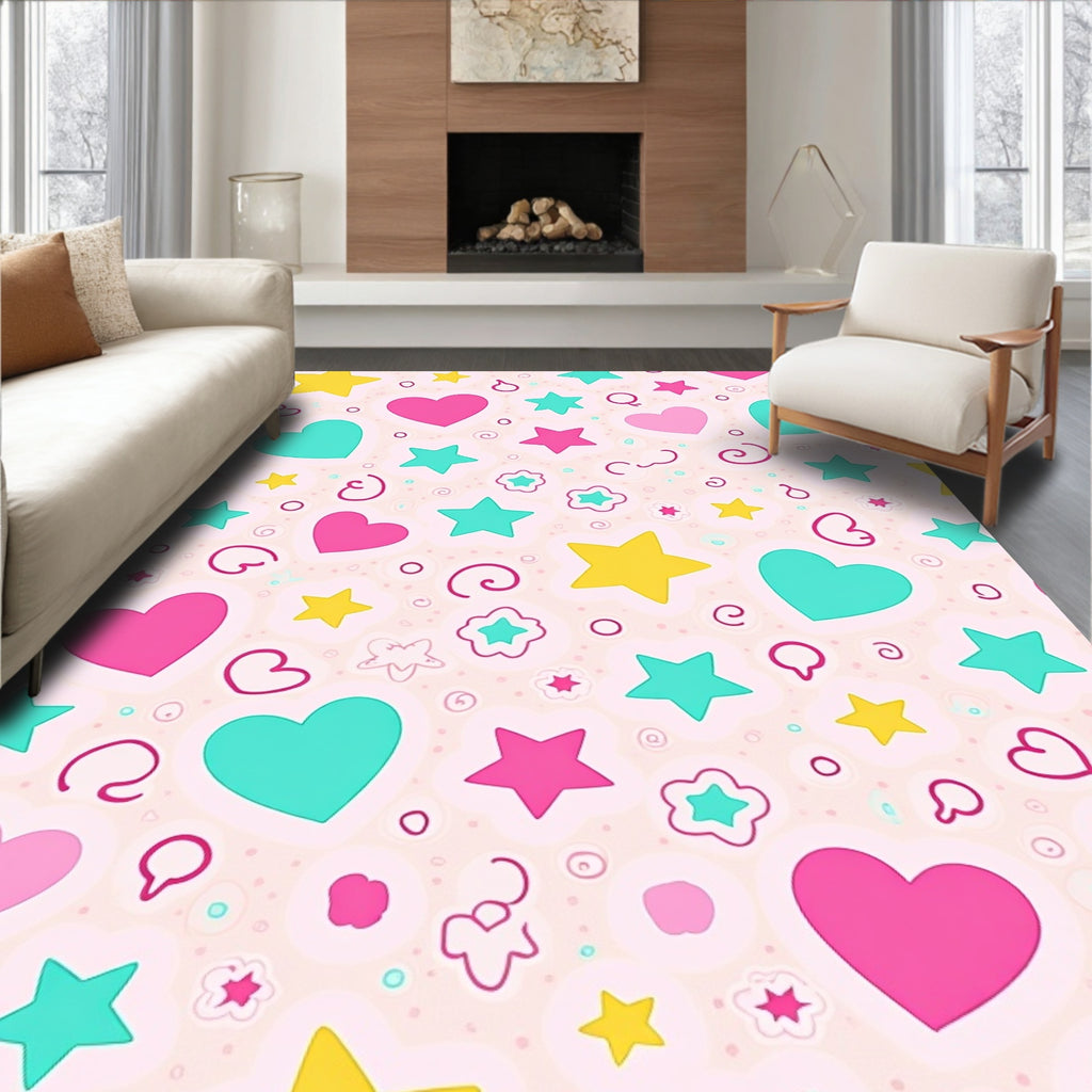 Playful Hearts and Stars Whimsical Pattern Rug