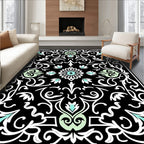 Black White Mint Floral Scroll Pattern Rug