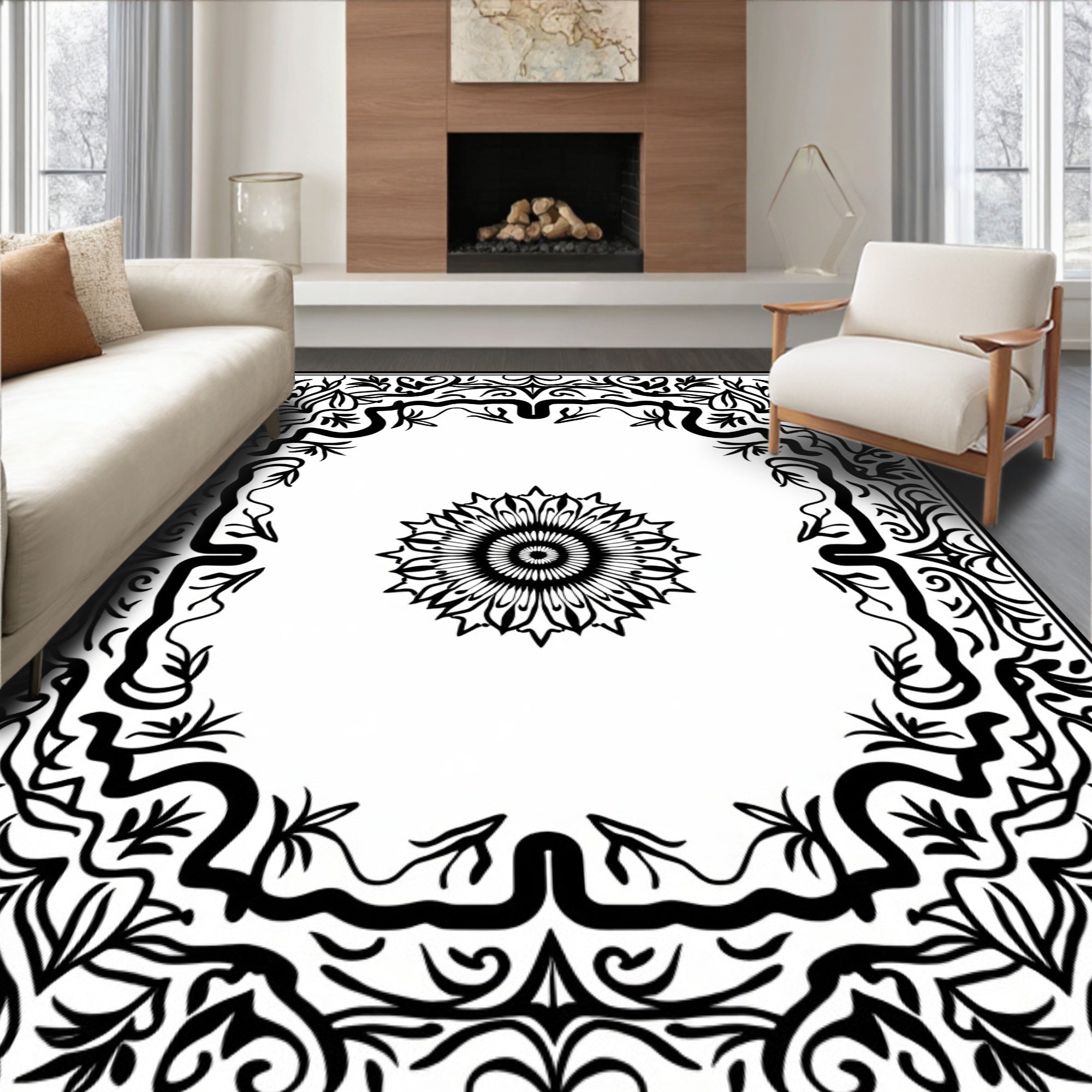 Floral Mandala Black White Pattern Rug