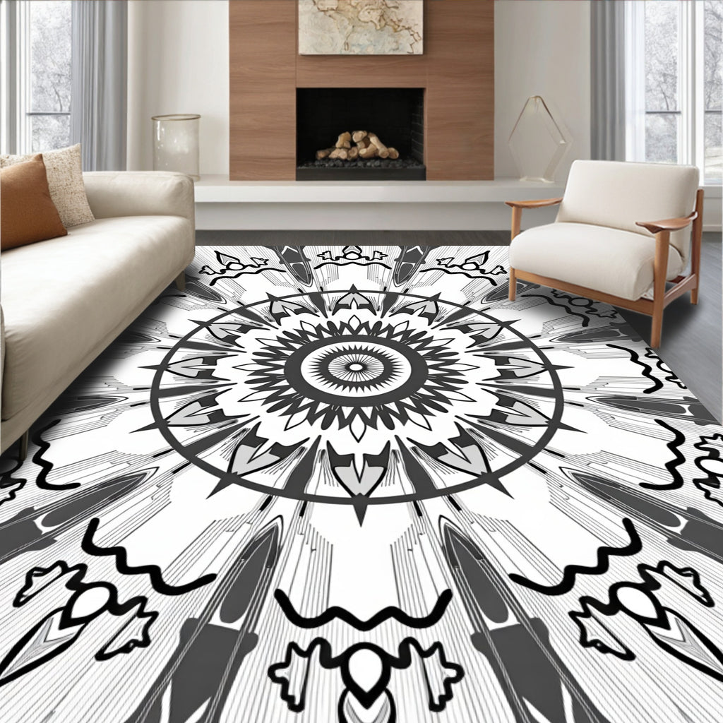 Black White Radial Geometric Design Rug