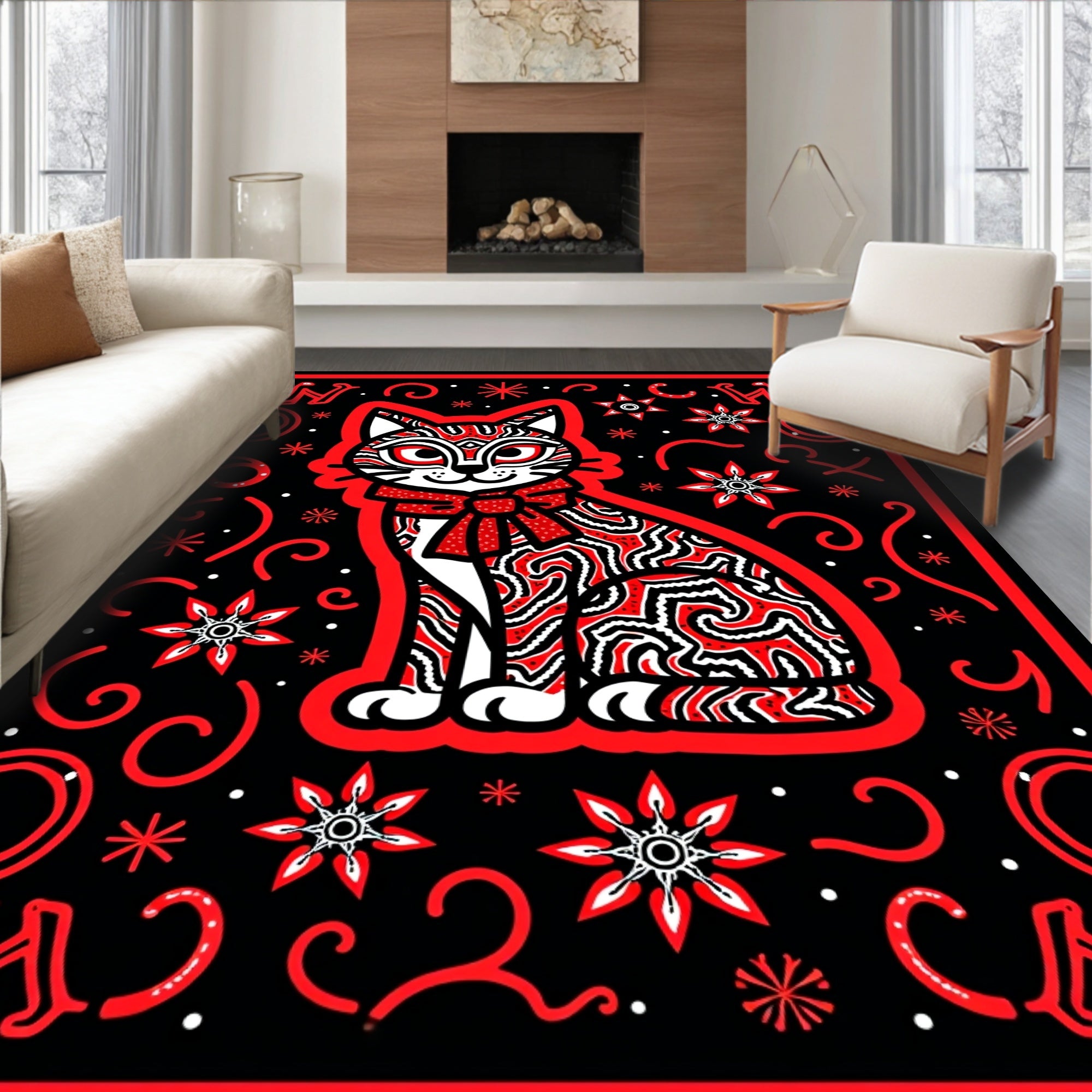 Whimsical Red Swirl Cat Patterned Rug