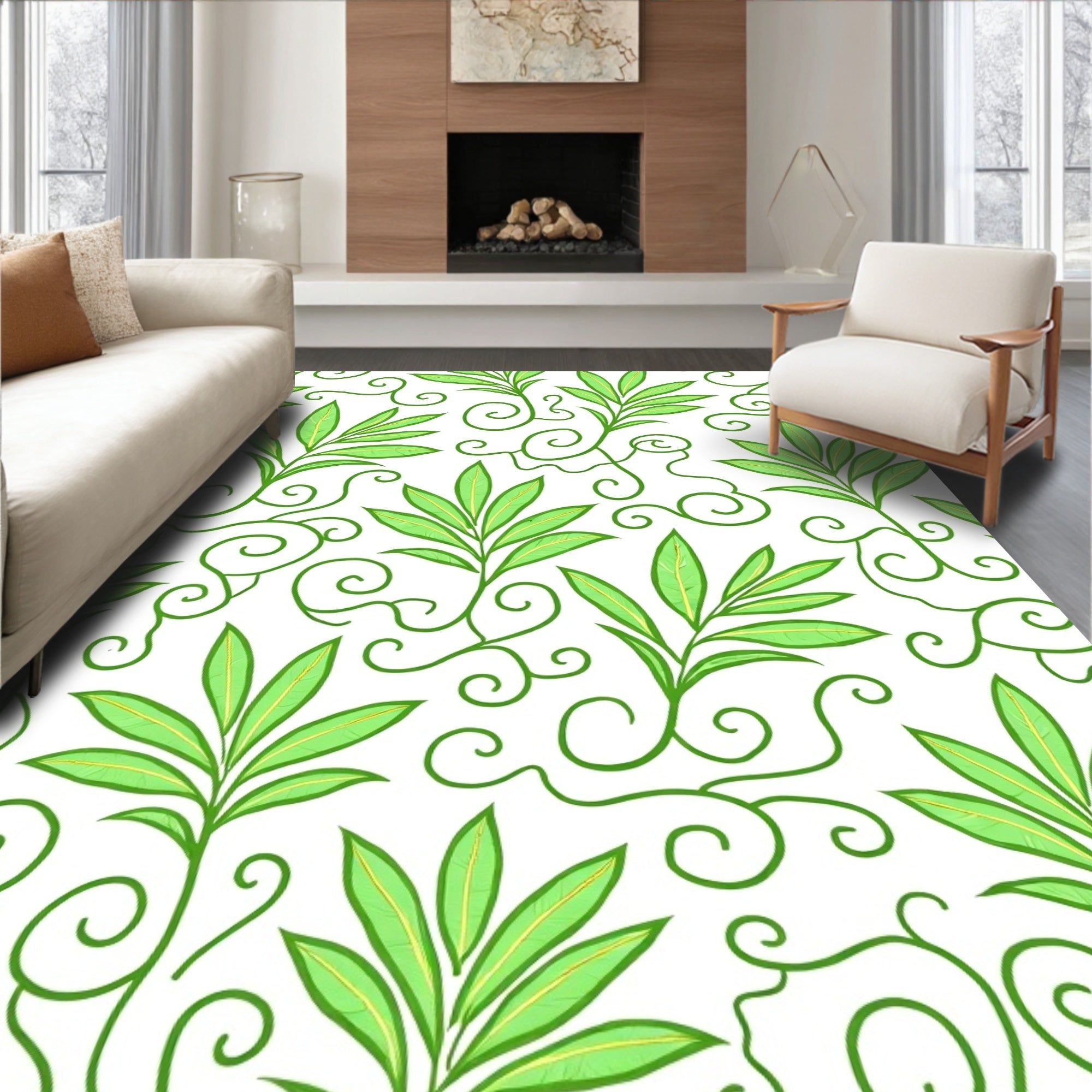 Green Leafy Swirls Pattern Rug