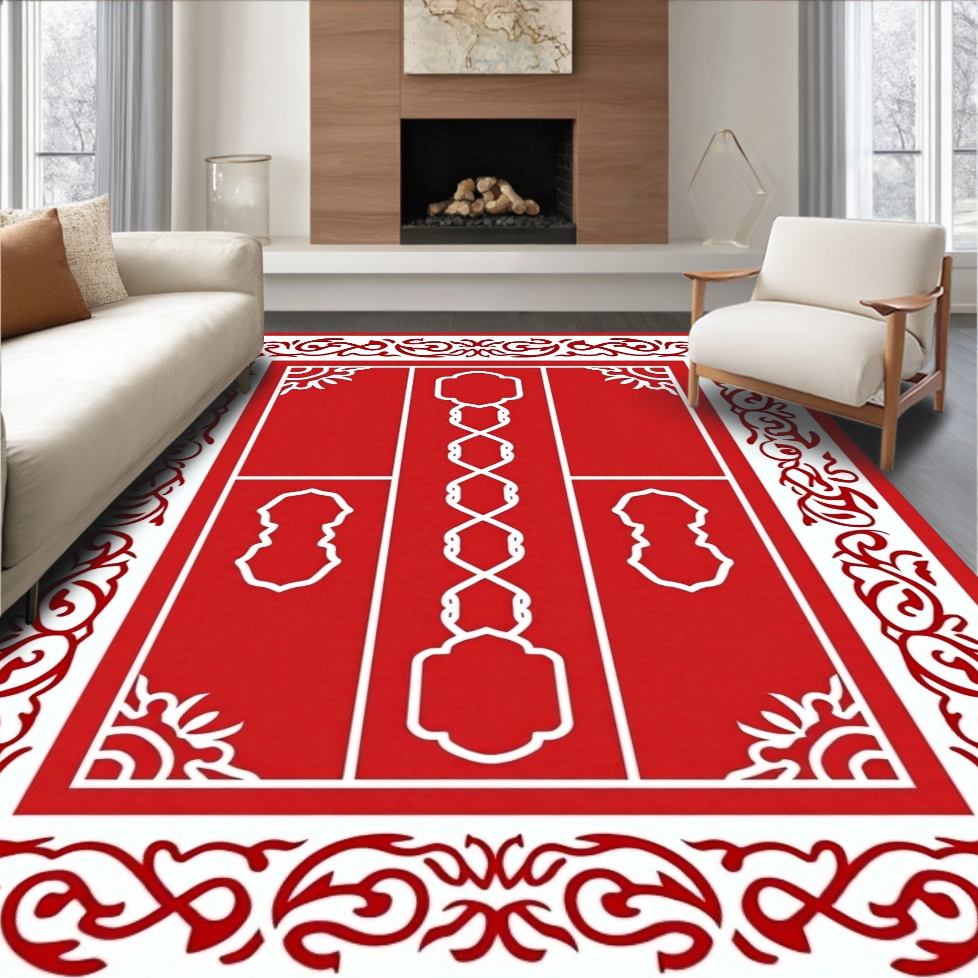 Classic Red White Ornate Scroll Rug