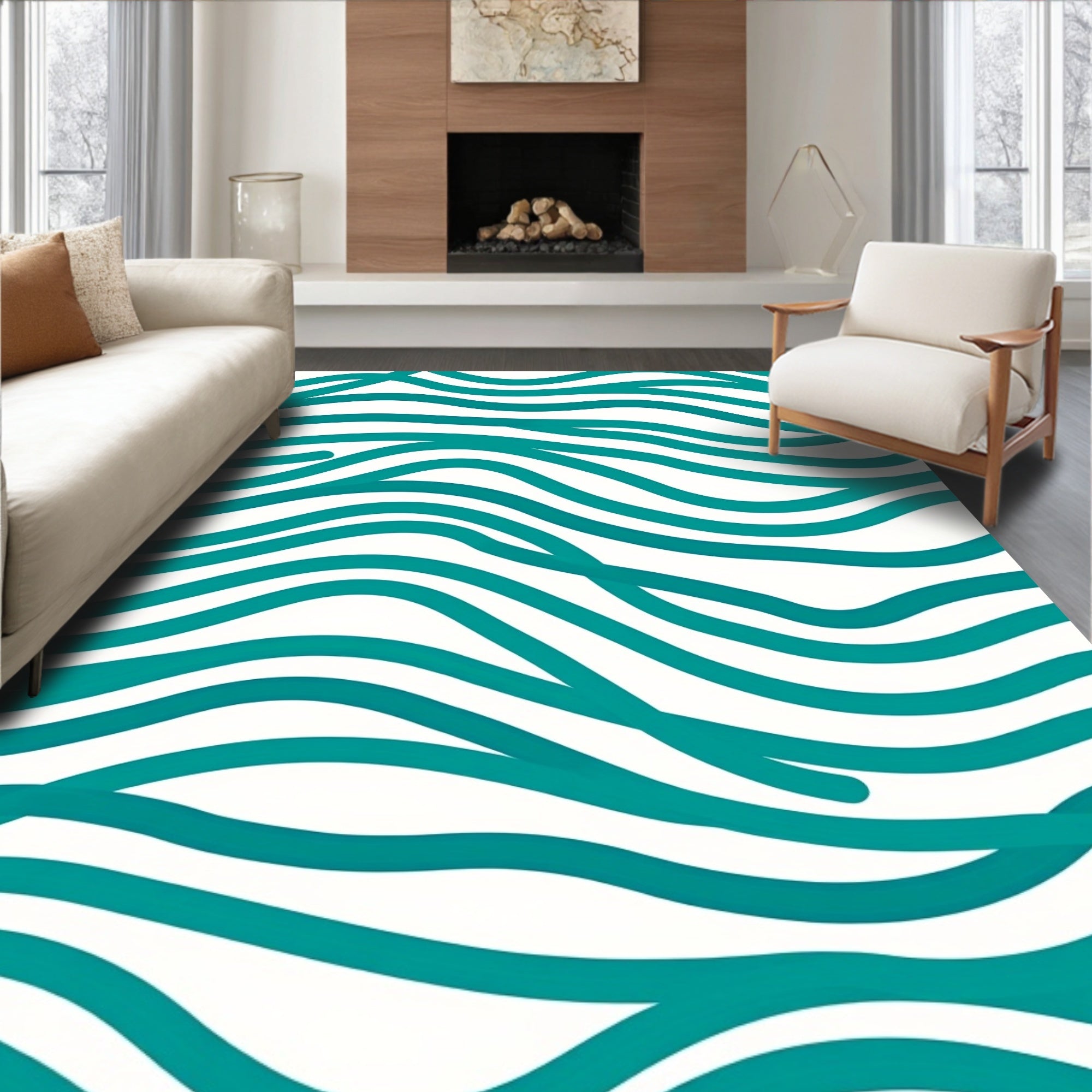 Teal Wavy Stripe Abstract Design Rug