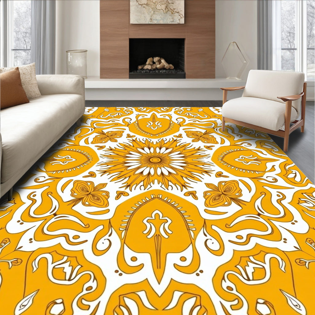 Ornate Yellow Floral Mandala Design Rug
