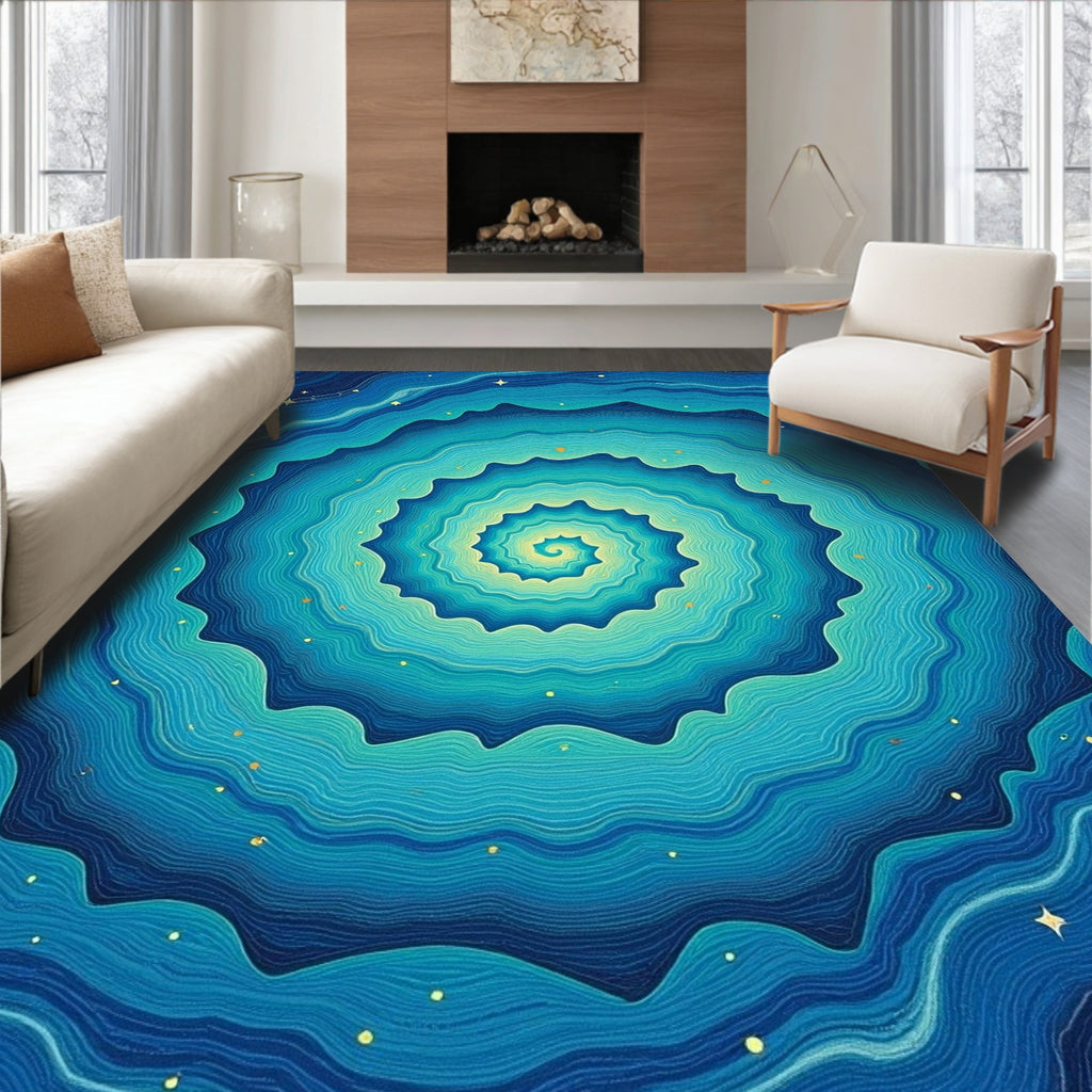 Blue Wavy Starry Spiral Design Rug