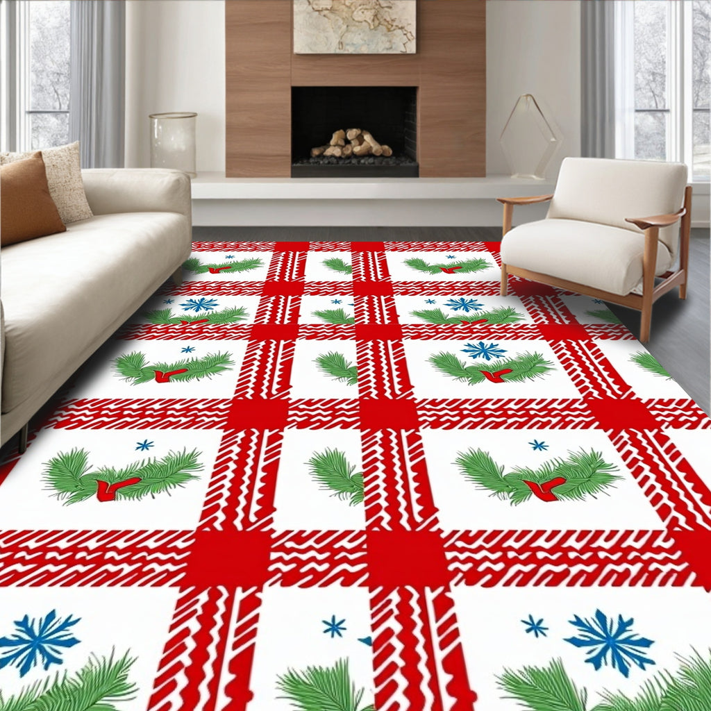 Seasonal Plaid Evergreen Snowflakes Design Rug