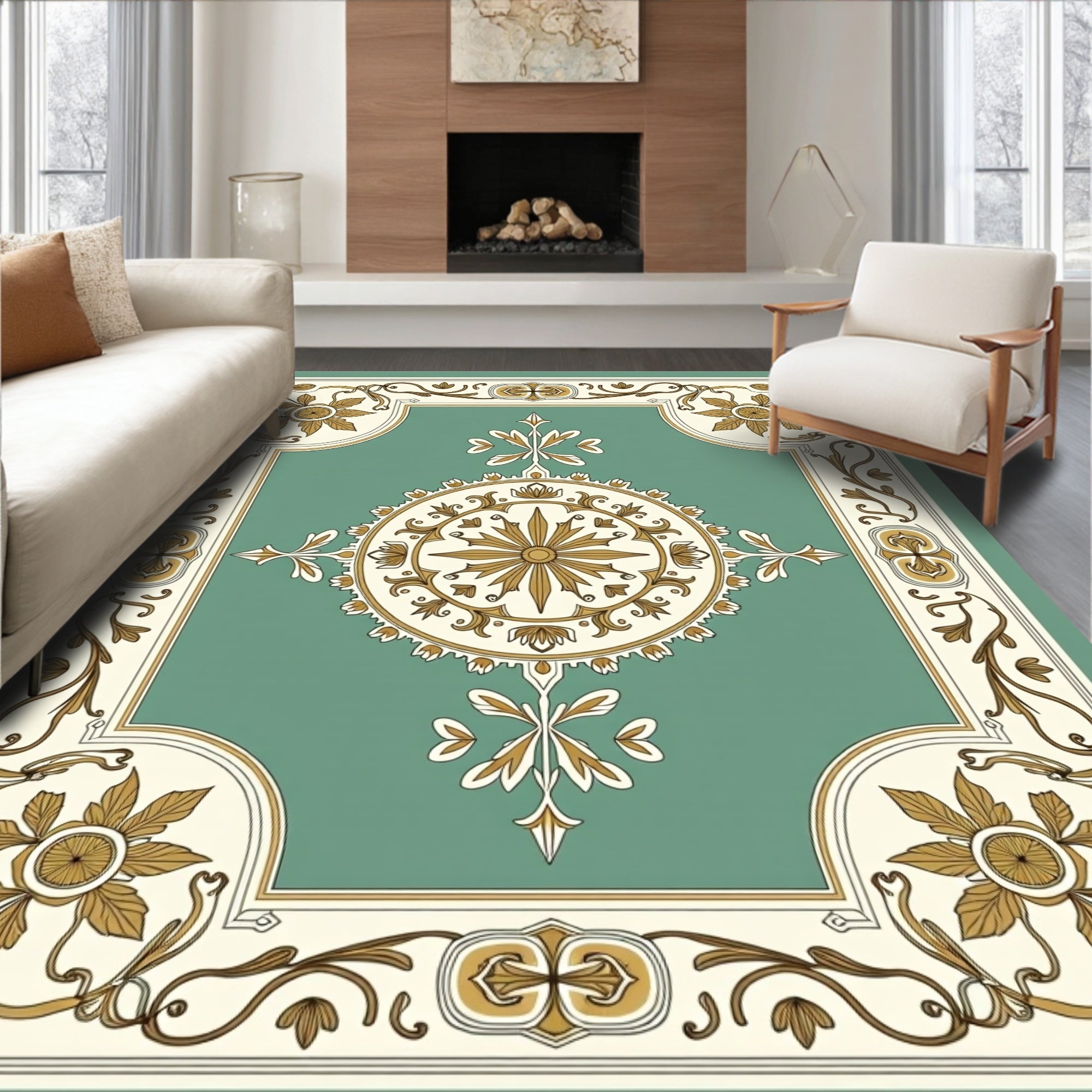 Gold Floral Medallion Green Heritage Rug