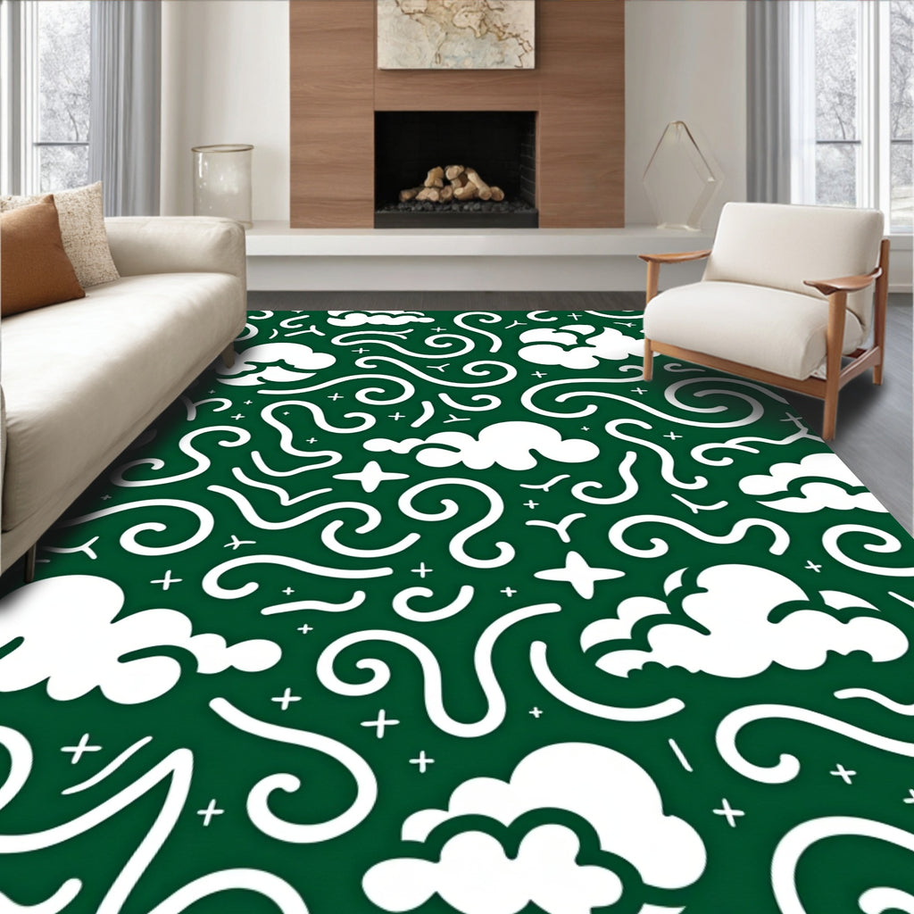 Whimsical White Cloud Swirl Pattern Rug