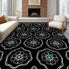 Black White Floral Blue Center Bloom Rug