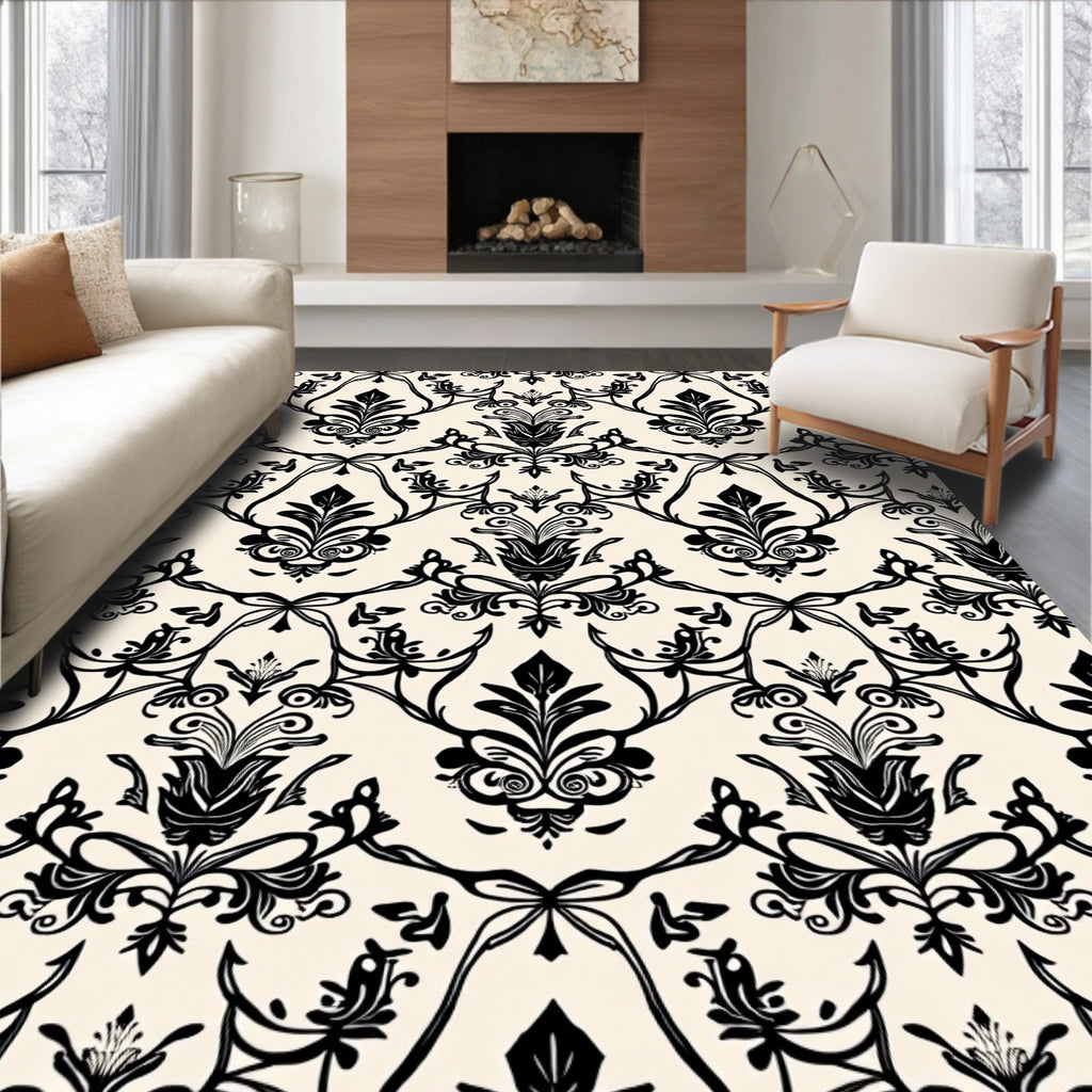 Classic Black Damask Floral Pattern Rug