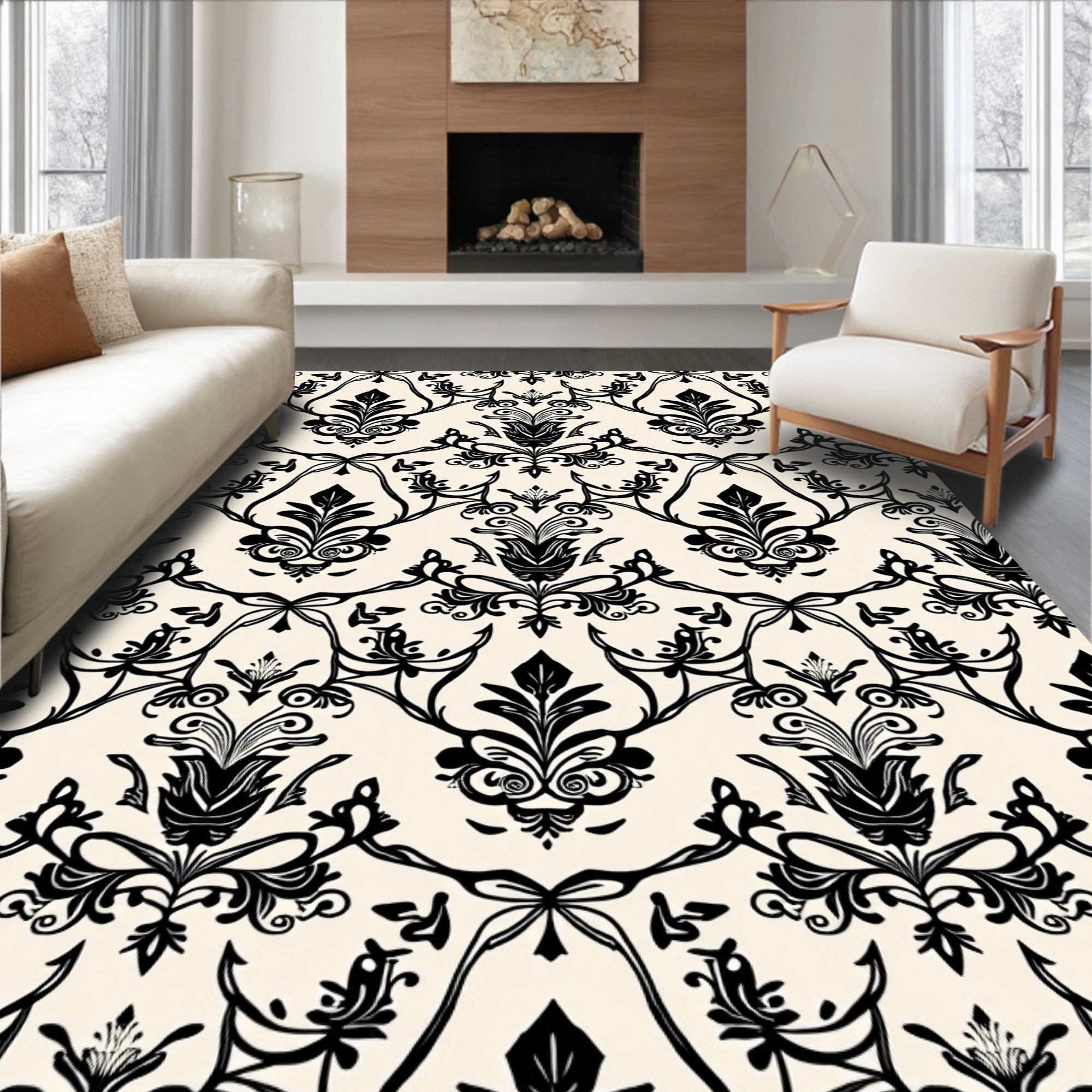 Classic Black Damask Floral Pattern Rug