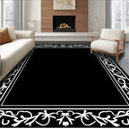 Black White Scrollwork Floral Border Rug