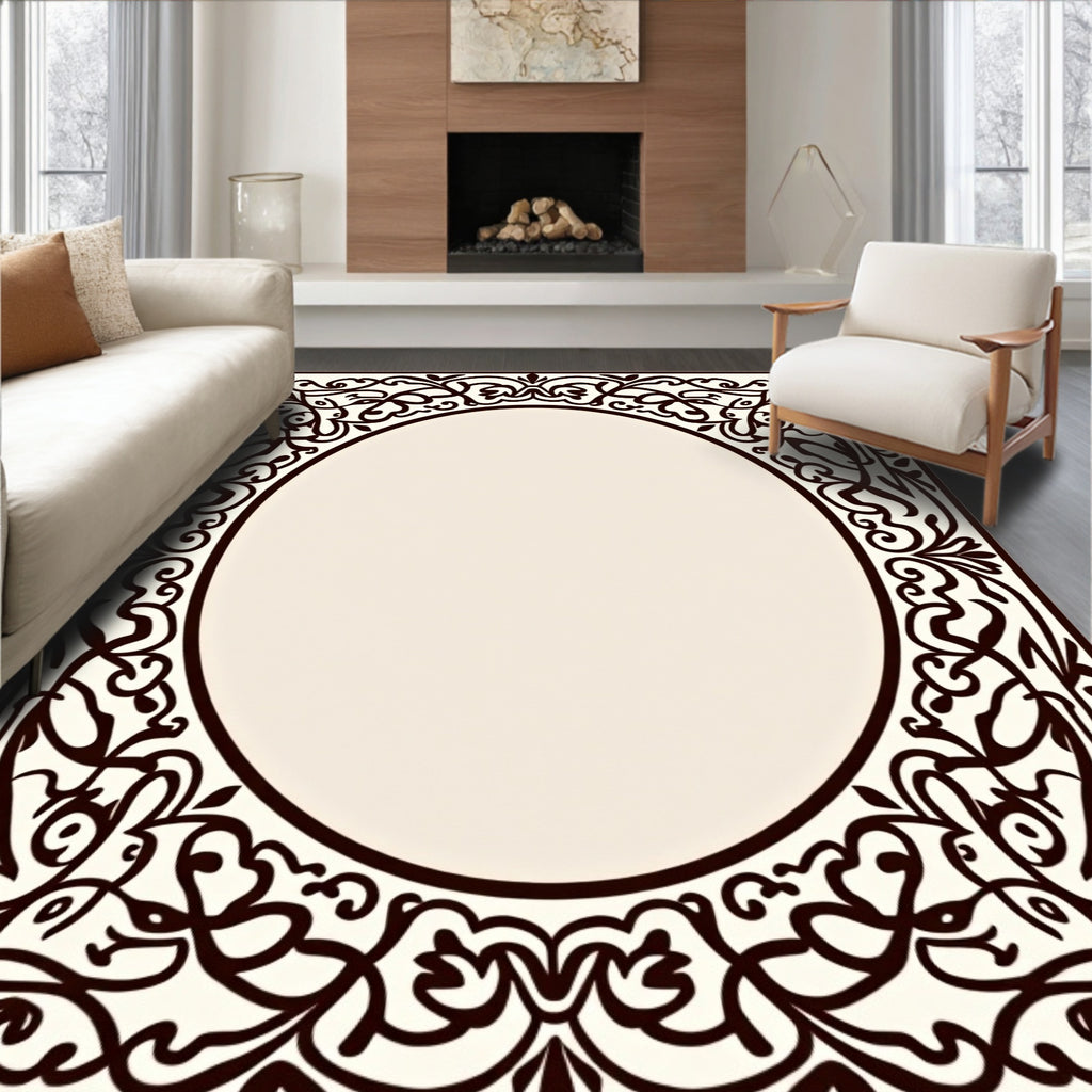Ornate Black Floral Scrollwork Design Rug