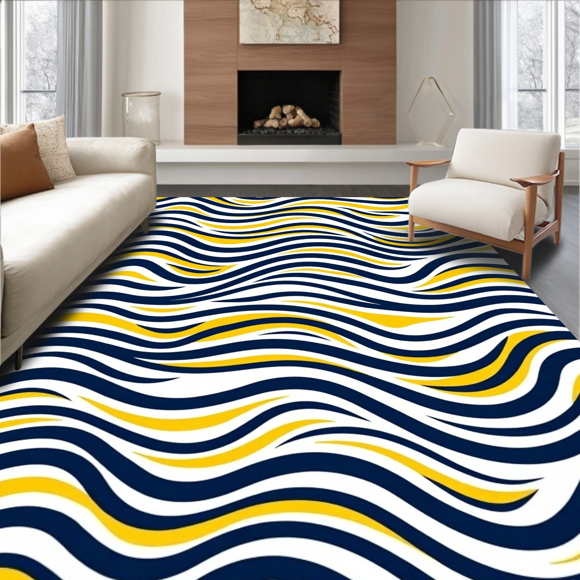 Navy Yellow Wavy Stripes Pattern Rug