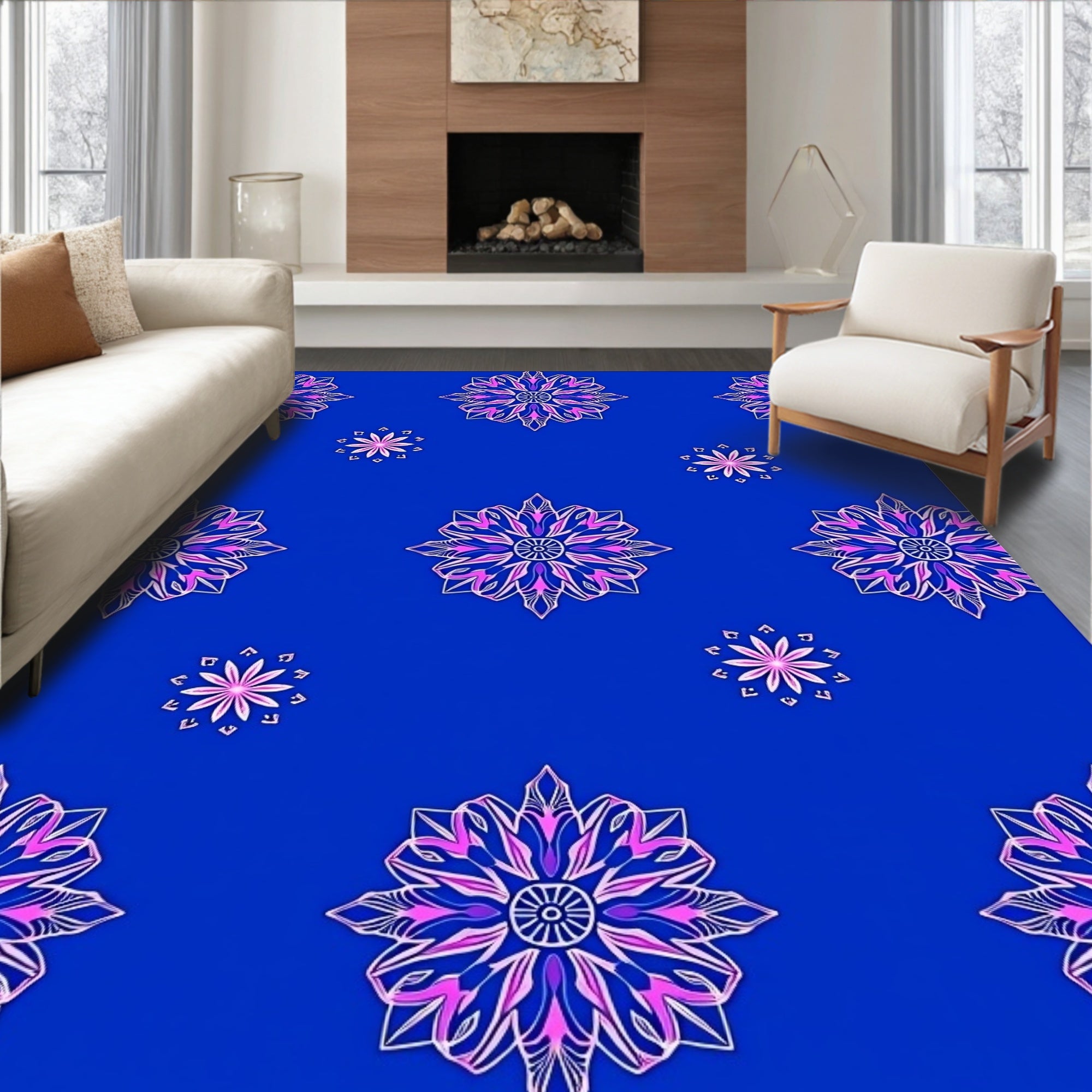 Bright Blue Pink Floral Mandala Rug