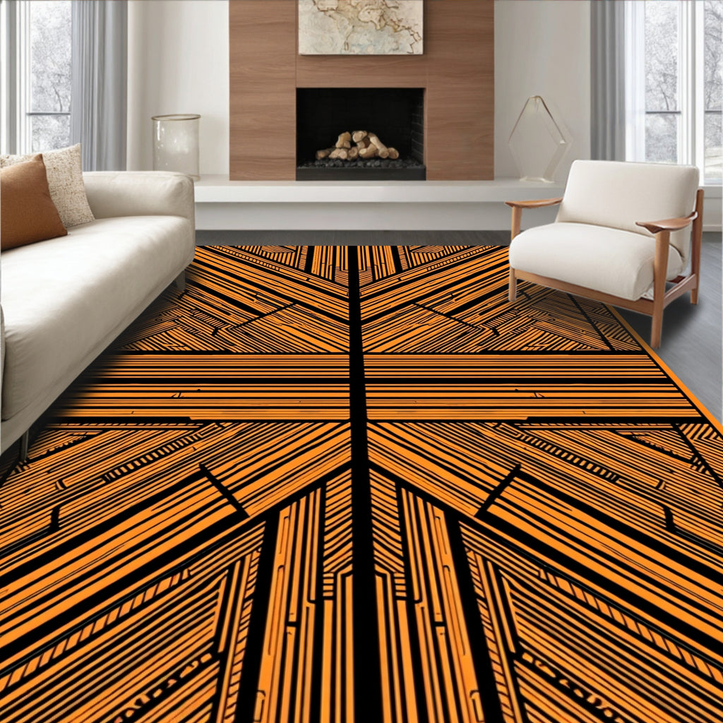 Striking Orange Black Linear Design Rug