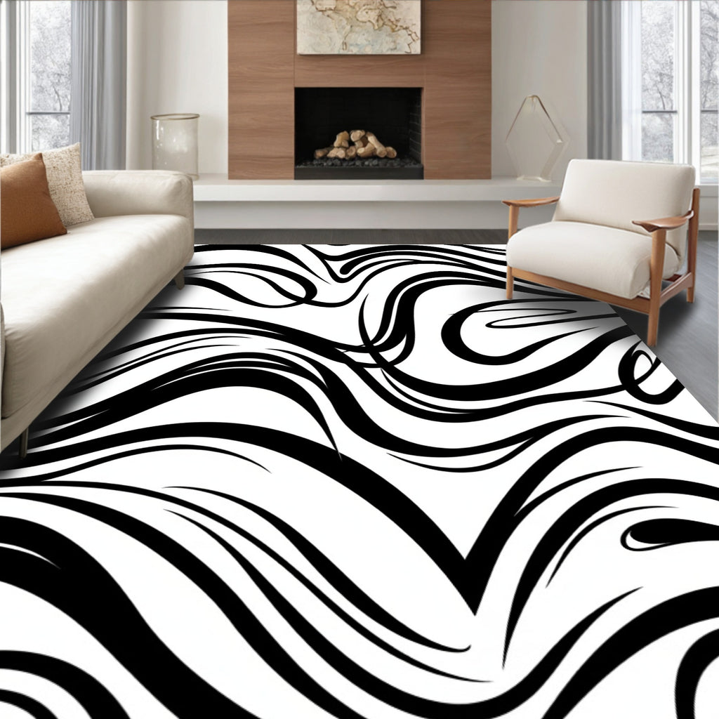 Bold Black White Swirl Pattern Rug