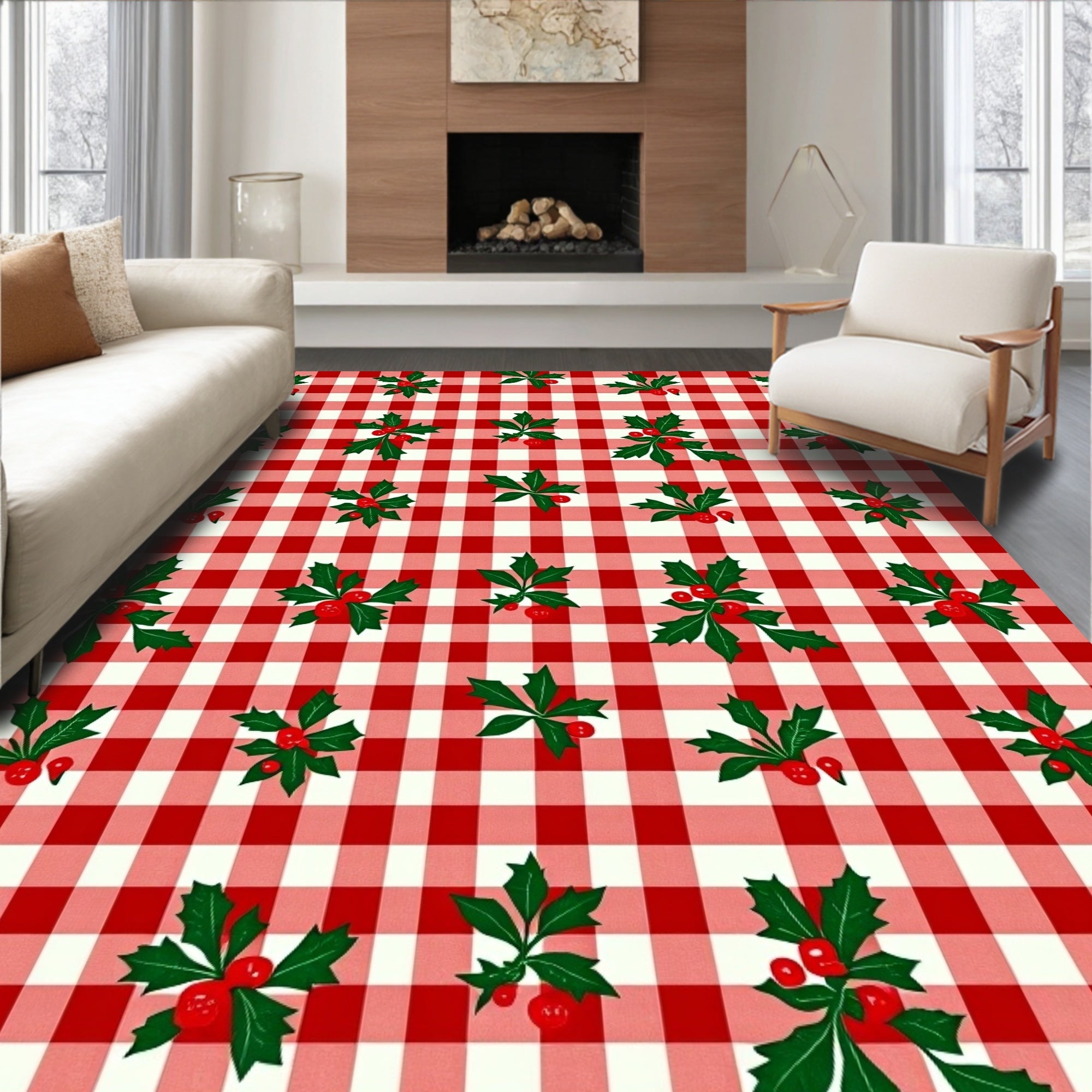 Red White Holly Berry Gingham Rug