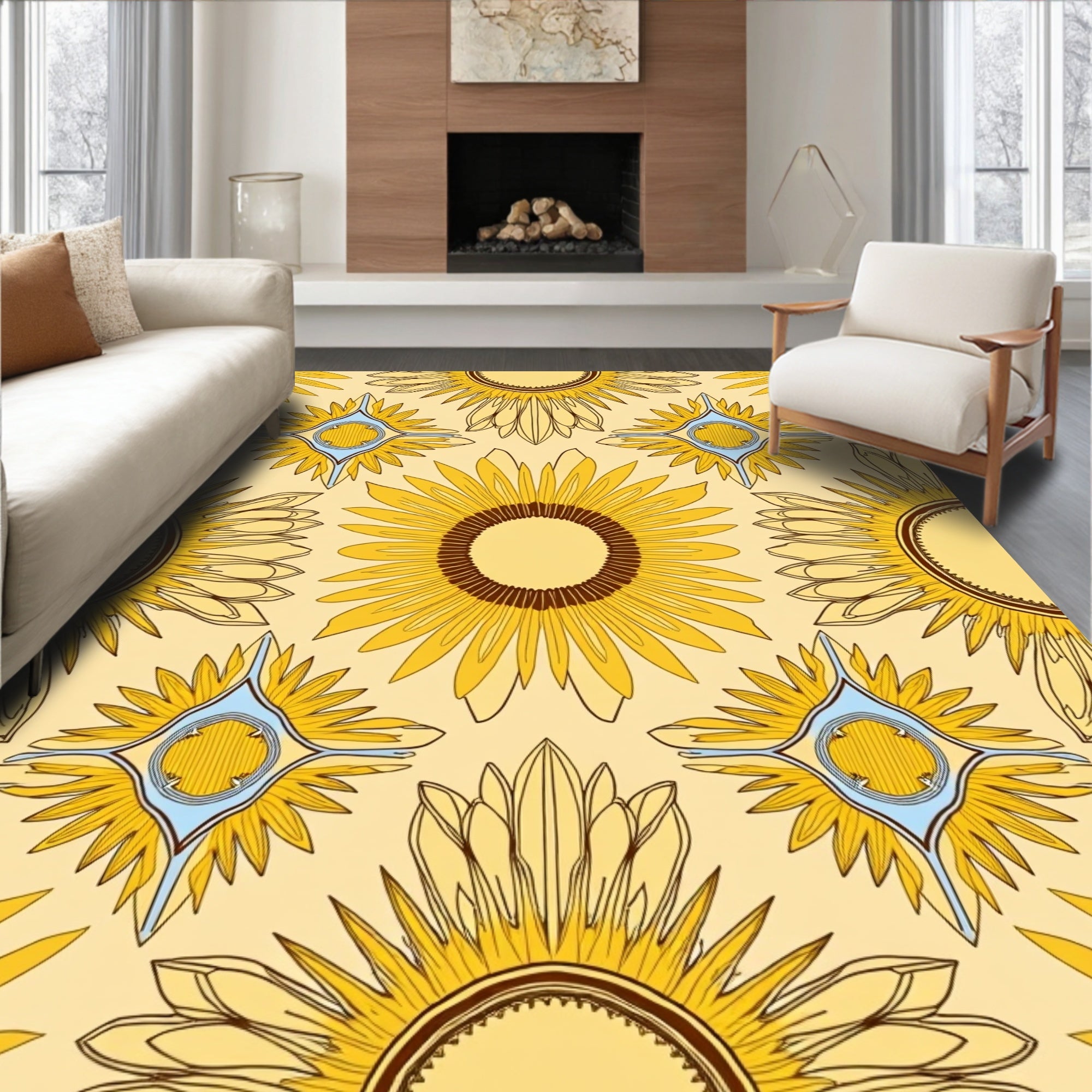 Yellow Sunflower Geometric Pattern Rug