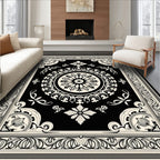 Classic Black White Floral Medallion Border Rug