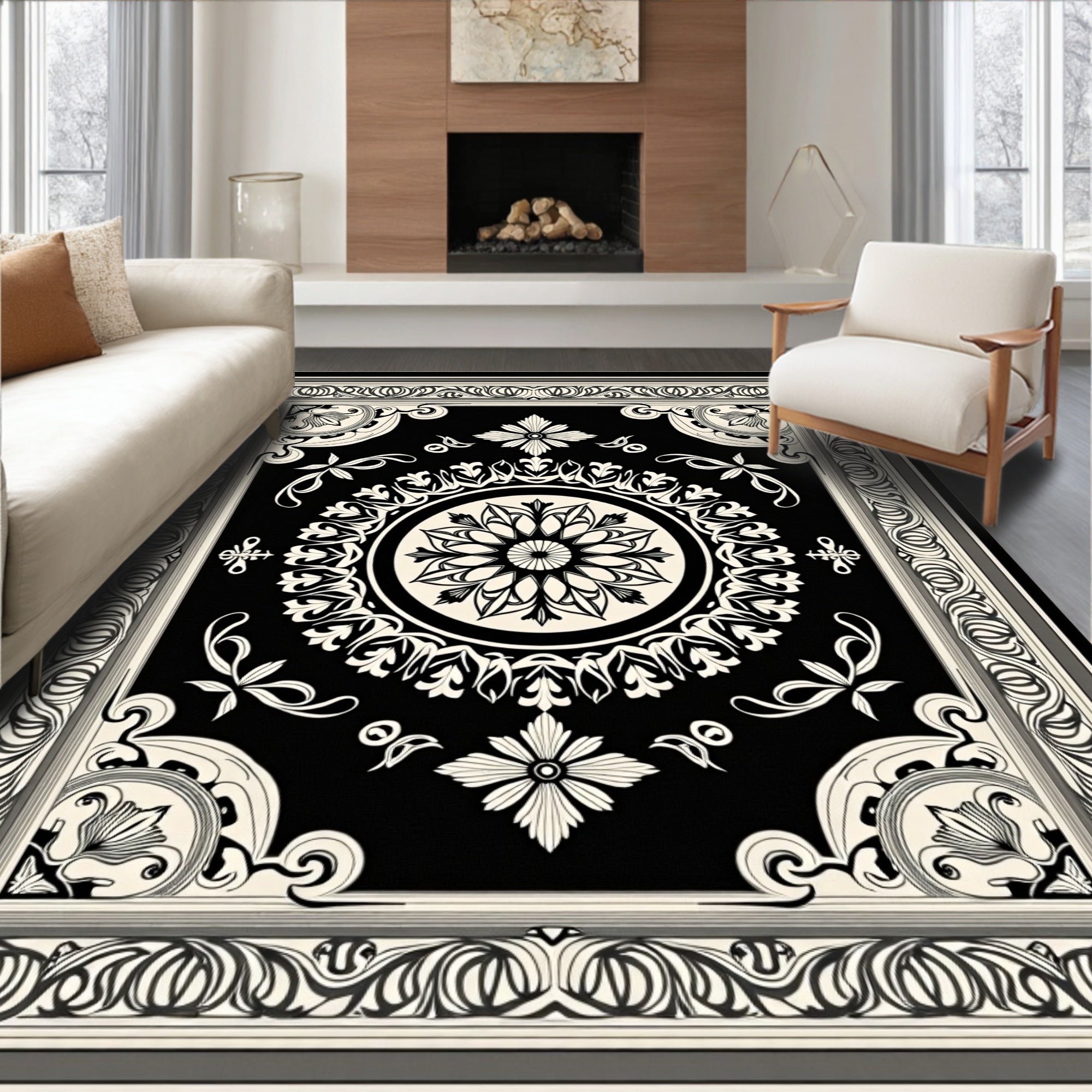 Classic Black White Floral Medallion Border Rug