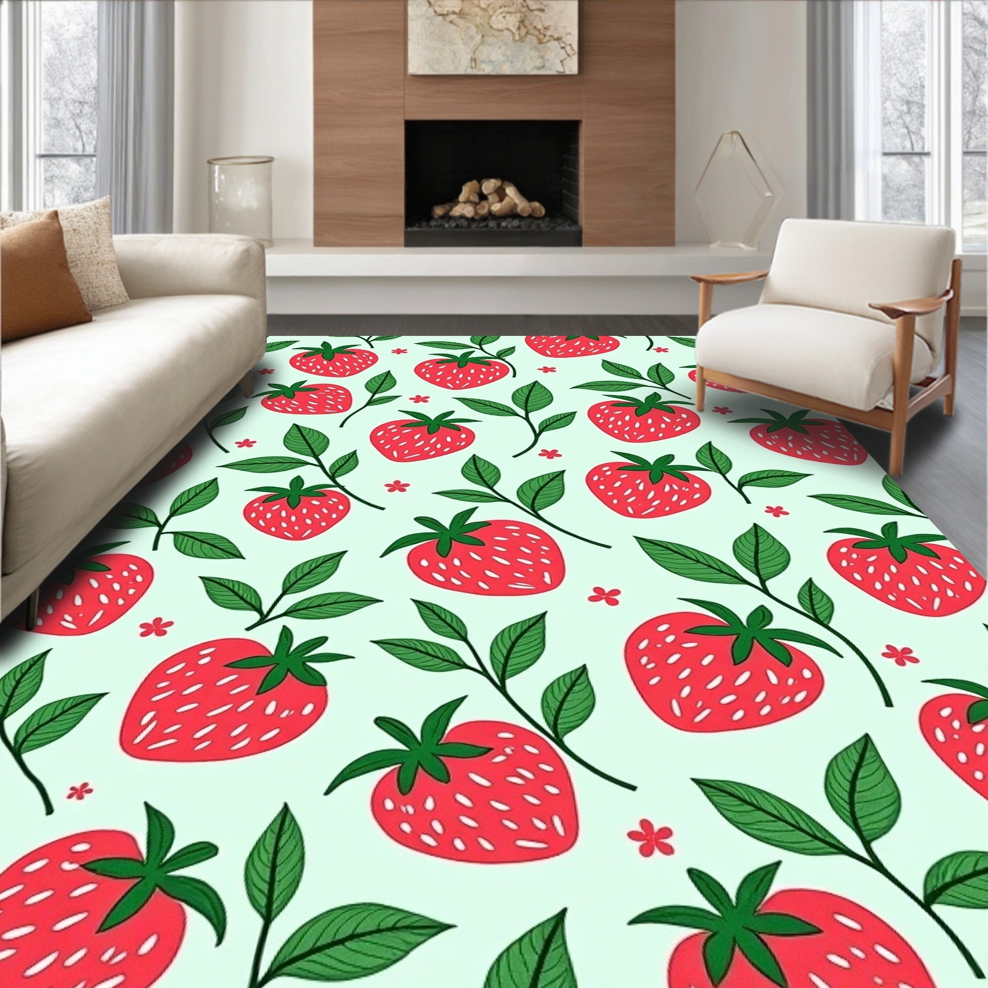 Red Strawberry Floral Pattern Rug