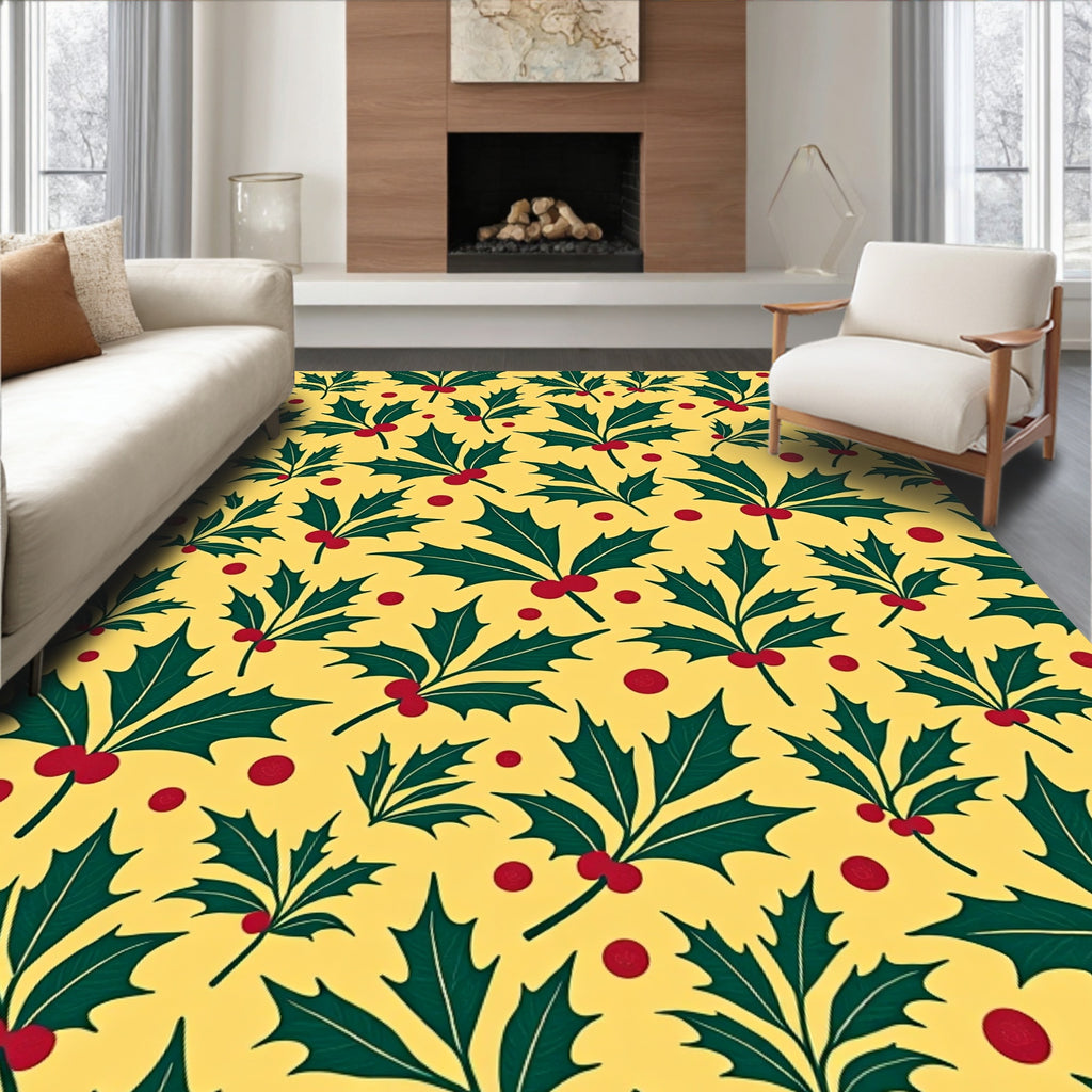 Festive Holly Berry Leaf Pattern Rug