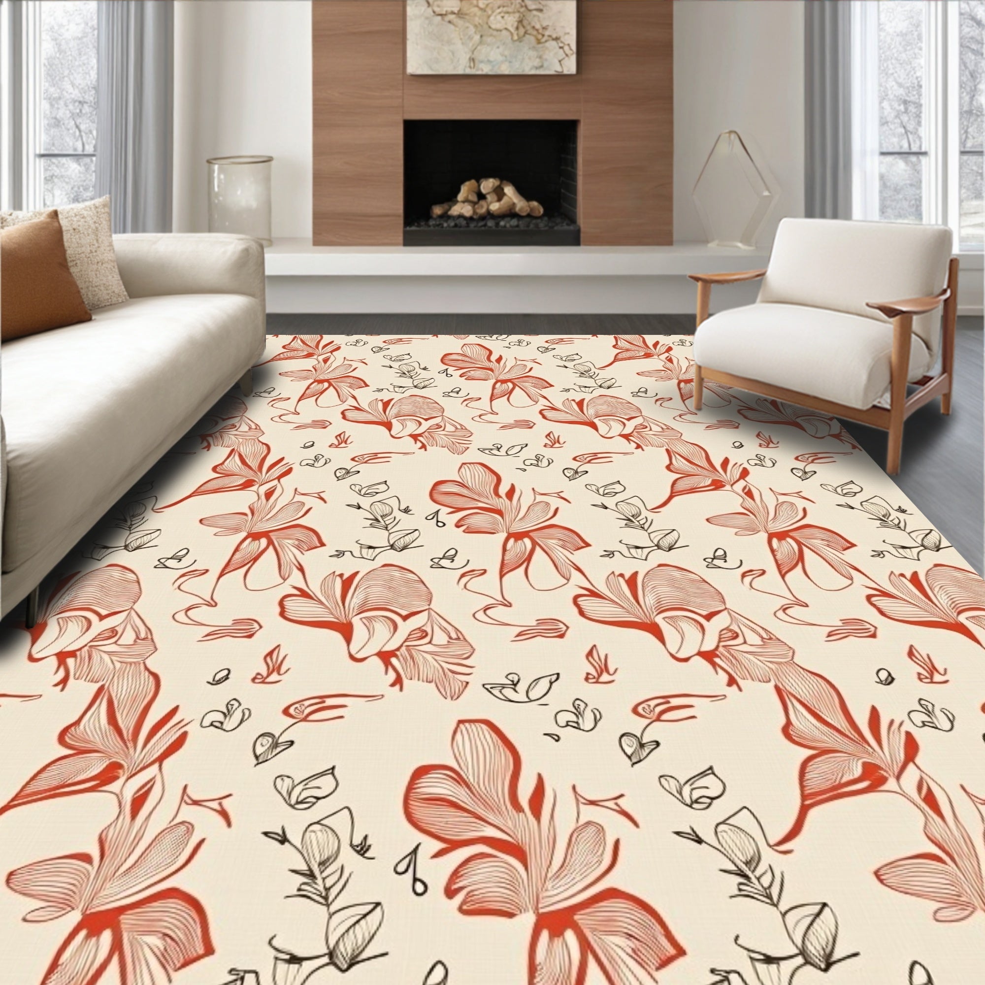 Red Outline Floral Pattern Rug