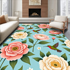 Floral Hummingbird Patterned Aqua Rug