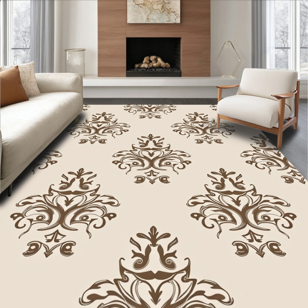 Ornate Damask Brown Classic Pattern Rug