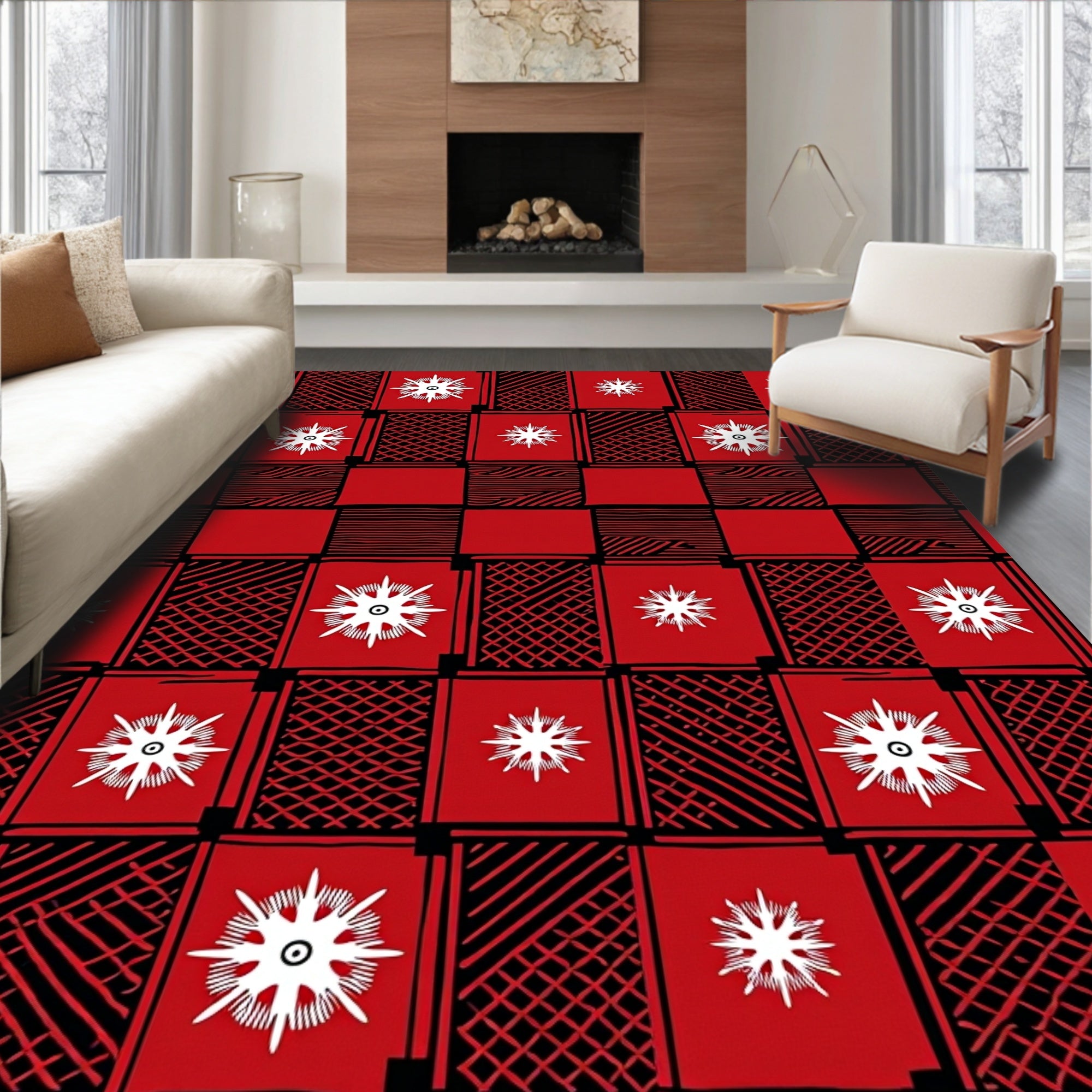 Red Geometric Starburst Pattern Rug