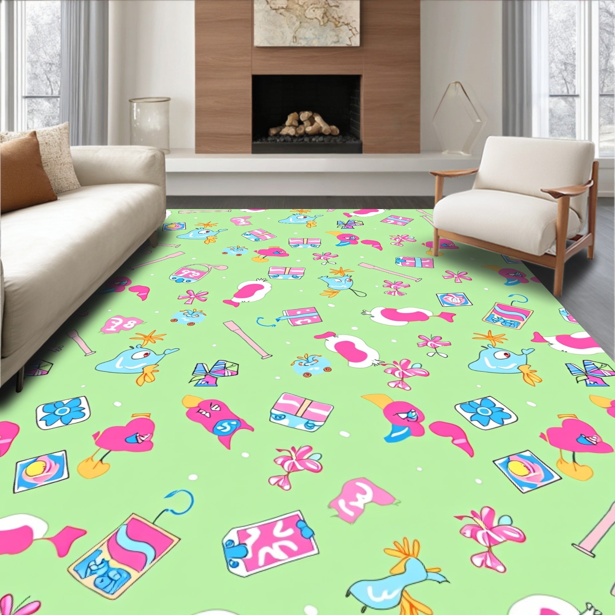 Whimsical Pink and Blue Creatures Gift Wrap Rug