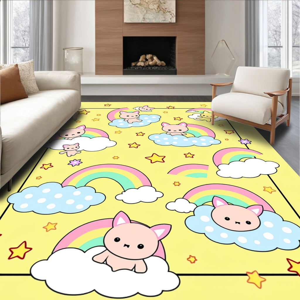 Cute Cat Rainbow Cloud Star Pattern Rug