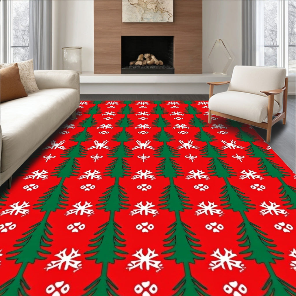 Red Green Tree Snowflake Pattern Rug