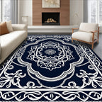 Ornate White Floral Lattice Dark Rug